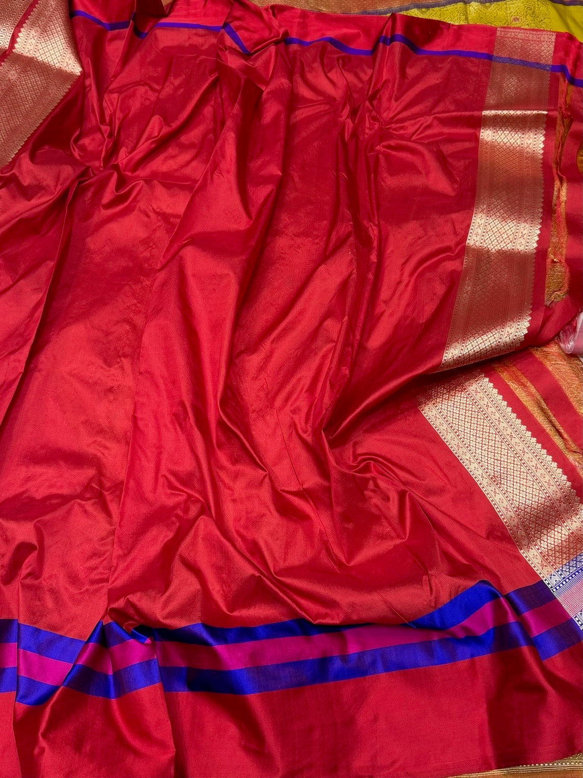 Lemon Yellow Banarasi Silk Brocade Saree with Red Satin Border – Katan Silk Elegance