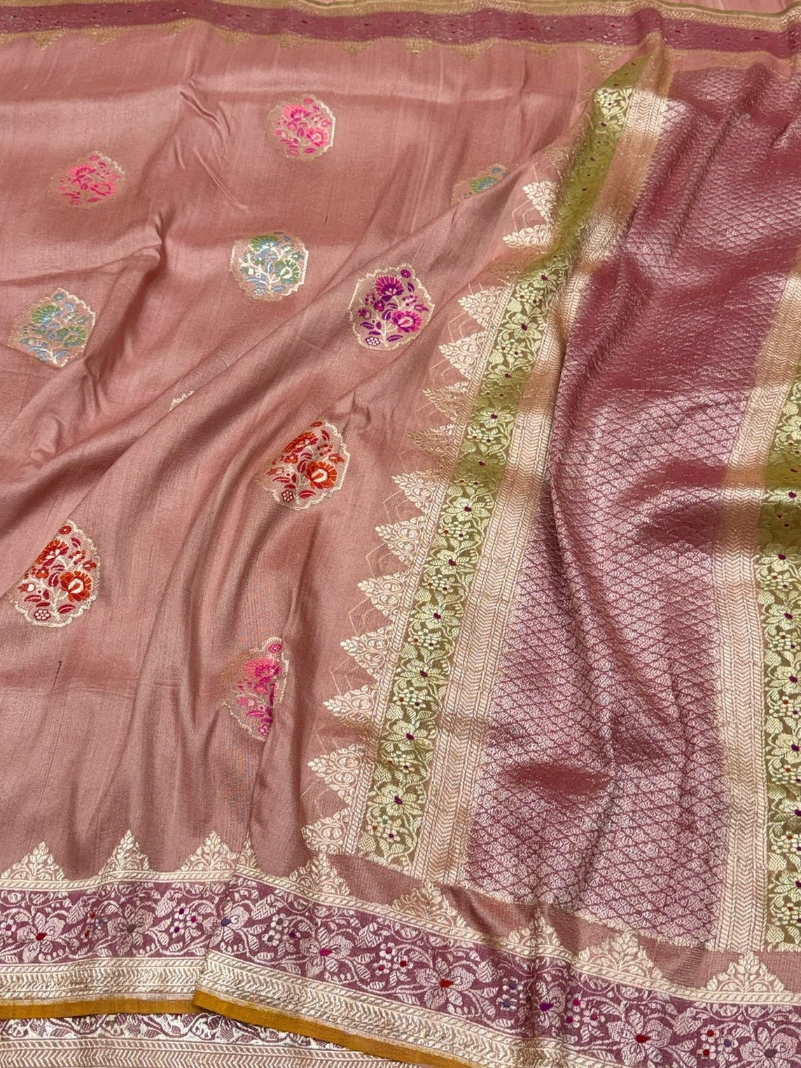 Peach handwoven Pure Tussar Georgette Saree