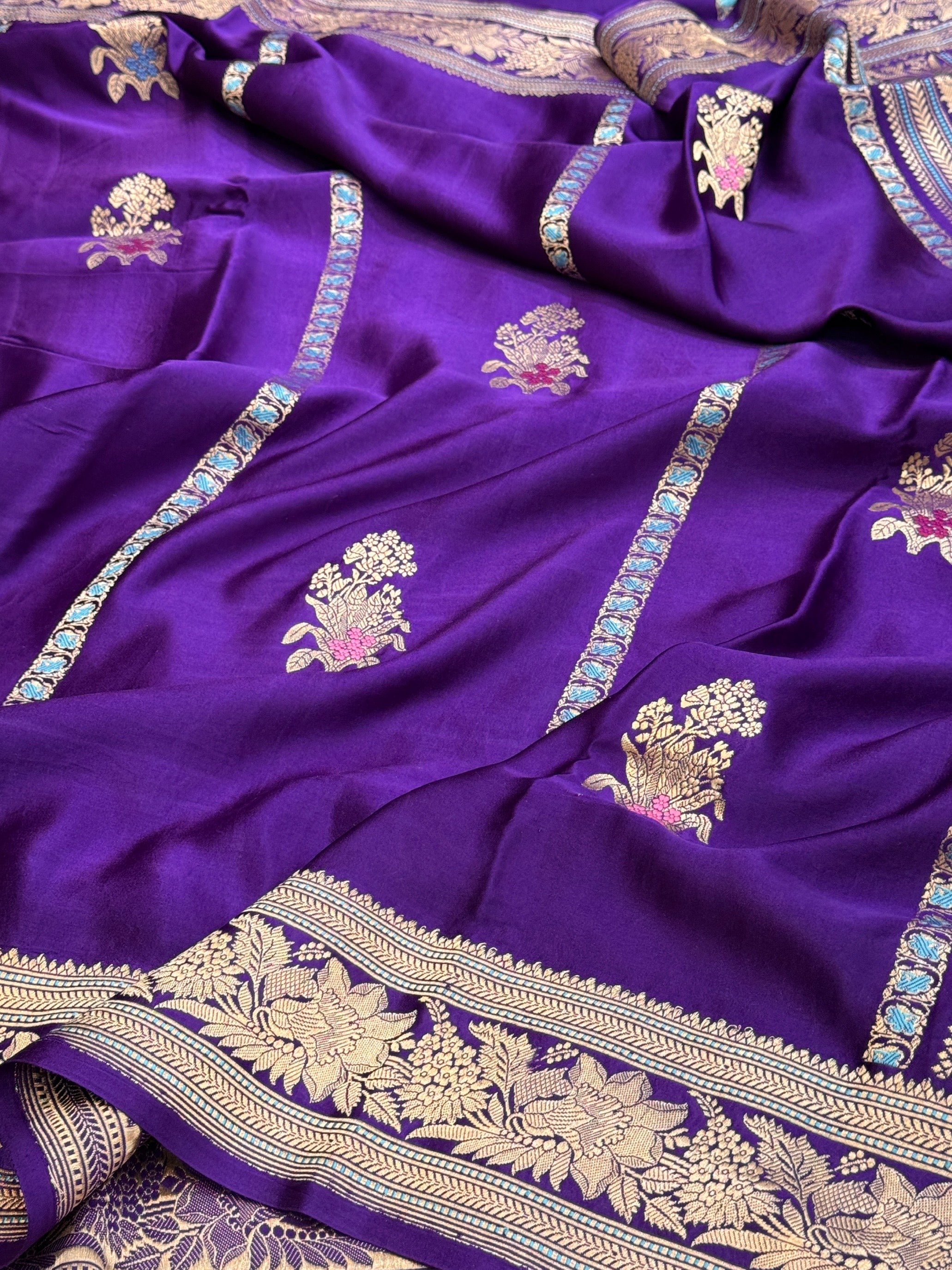 Purple Handwoven Pure Mashru Banarasi Satin Silk Saree