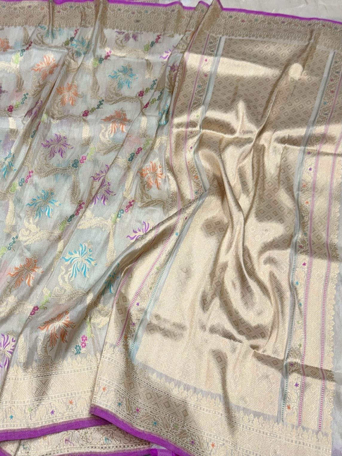 Ivory Handwoven Pure Banarasi Tissue Saree