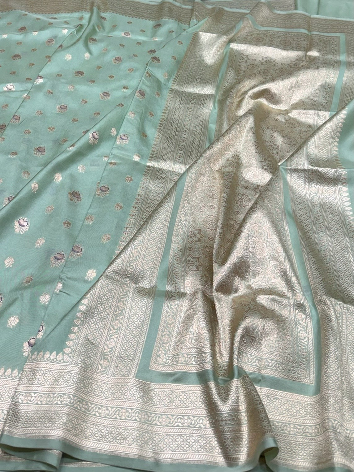 Pista Banarasi Minakari Pure Katan Silk Saree