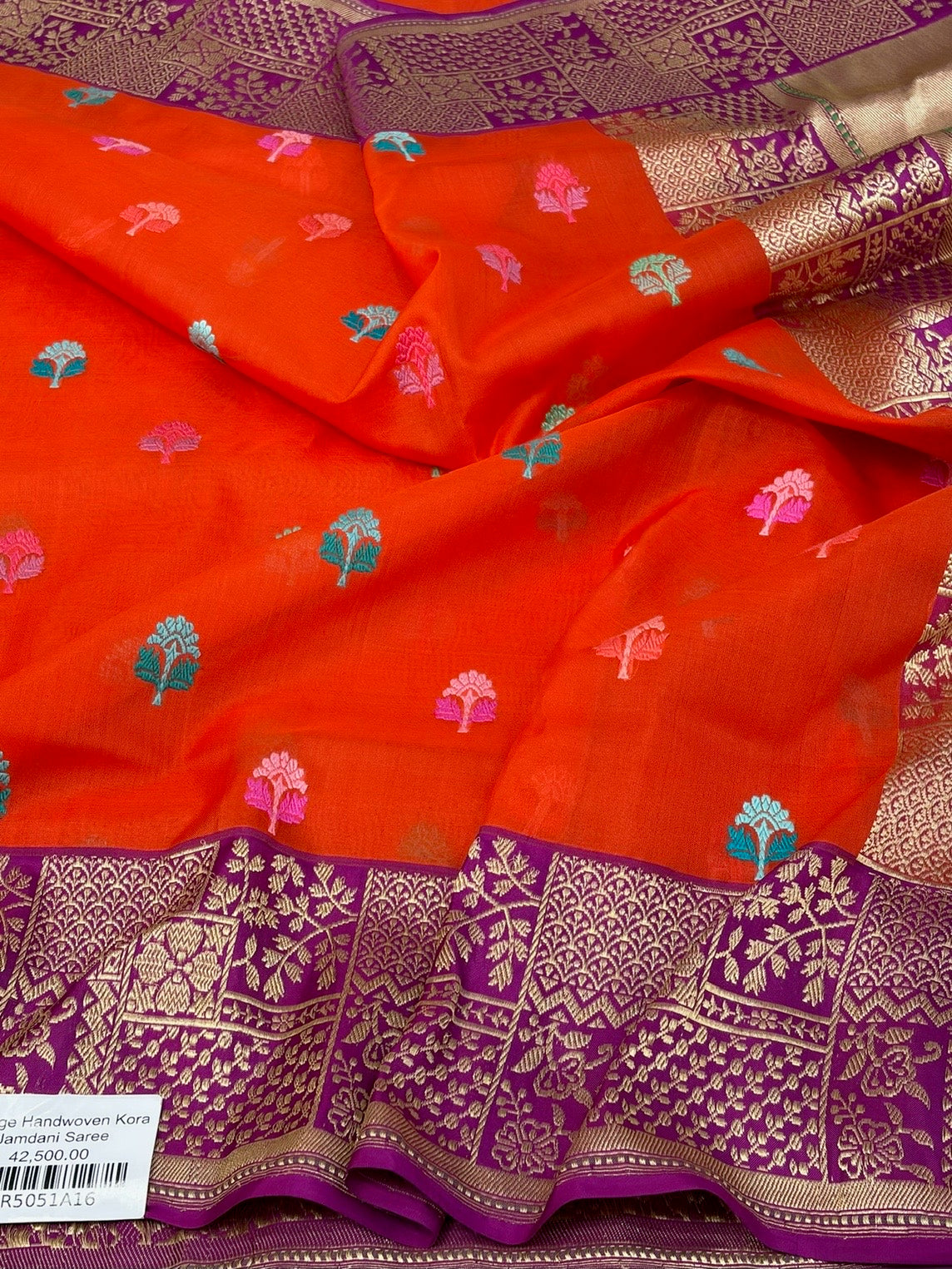 Orange Handwoven Pure Banarasi Kora Jamdani Silk Saree