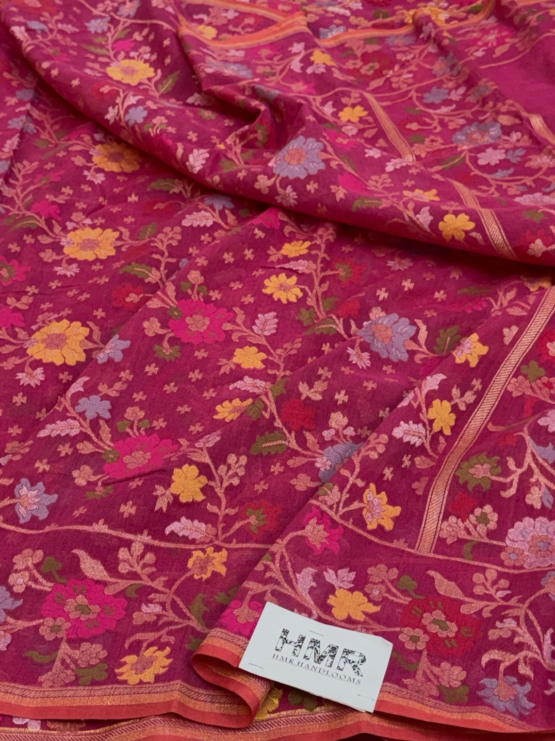 Rani Pink Pure Muslin Cotton Jamdani Saree