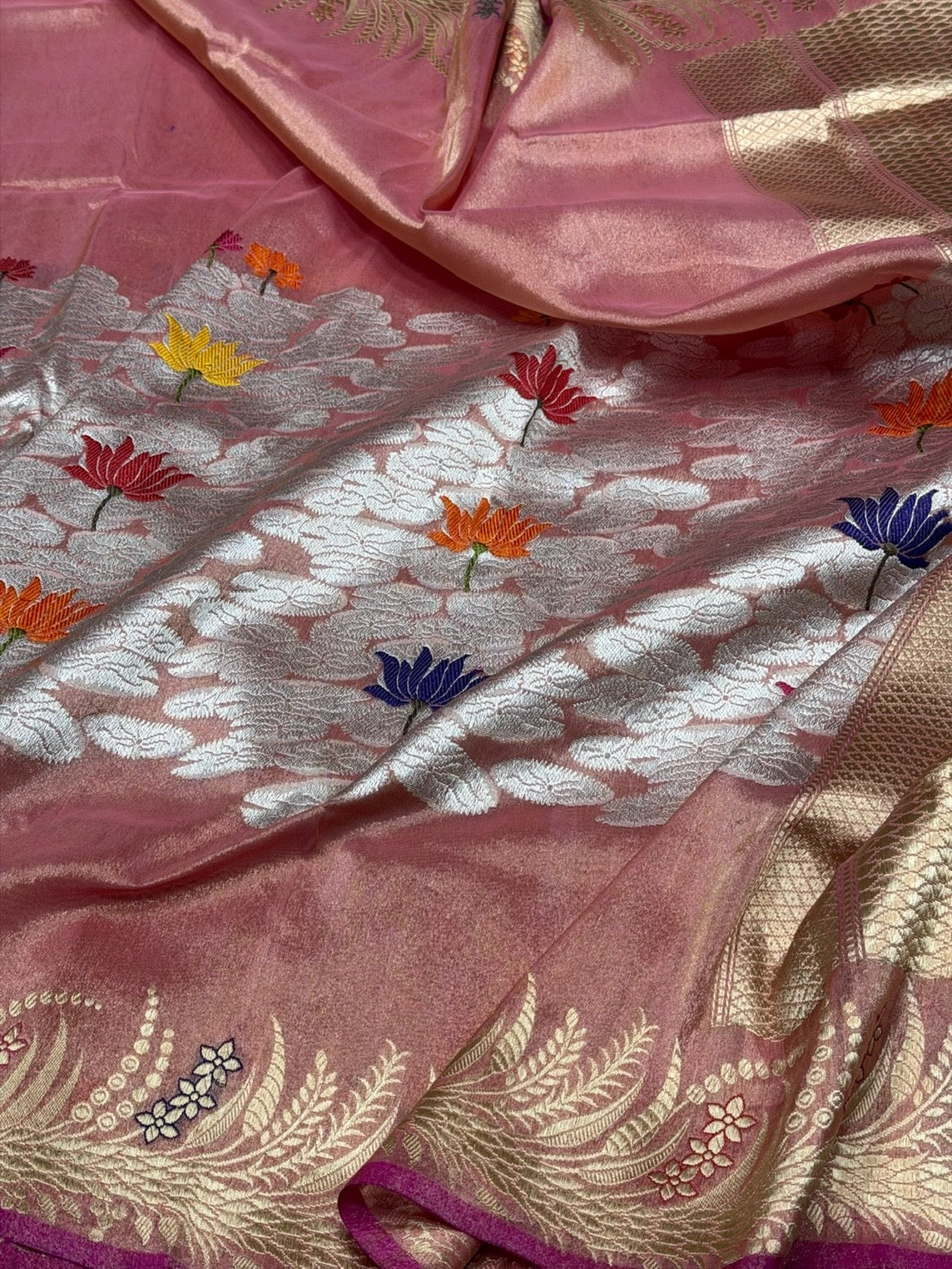 Dusty Rose Pink Handwoven Pure Banarasi Tissue Silk Saree – Kadwa Lotus Motif | Authentic Katan Tissue Handloom