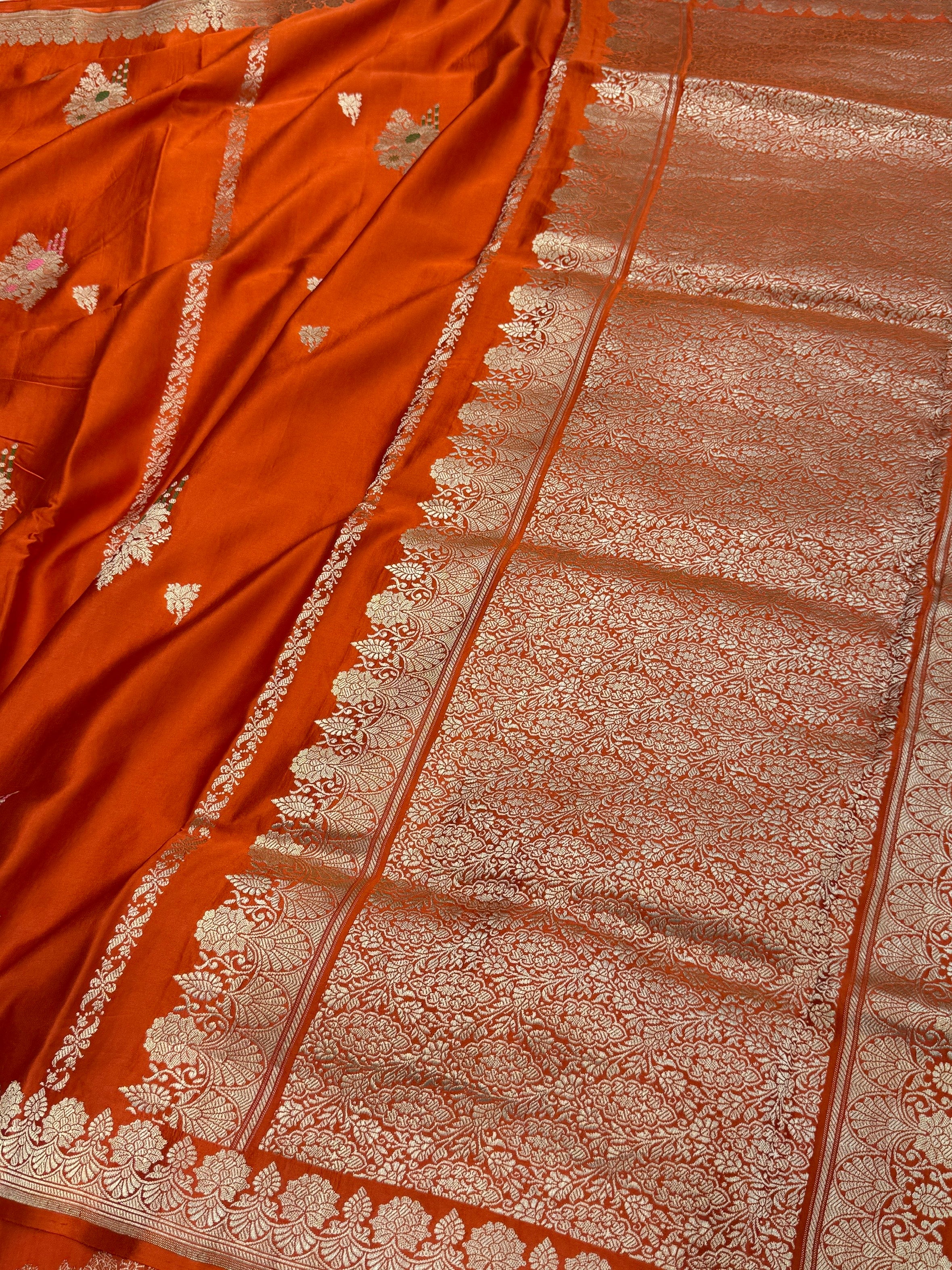 Orange Handwoven Pure Mashru Banarasi Satin Silk Saree