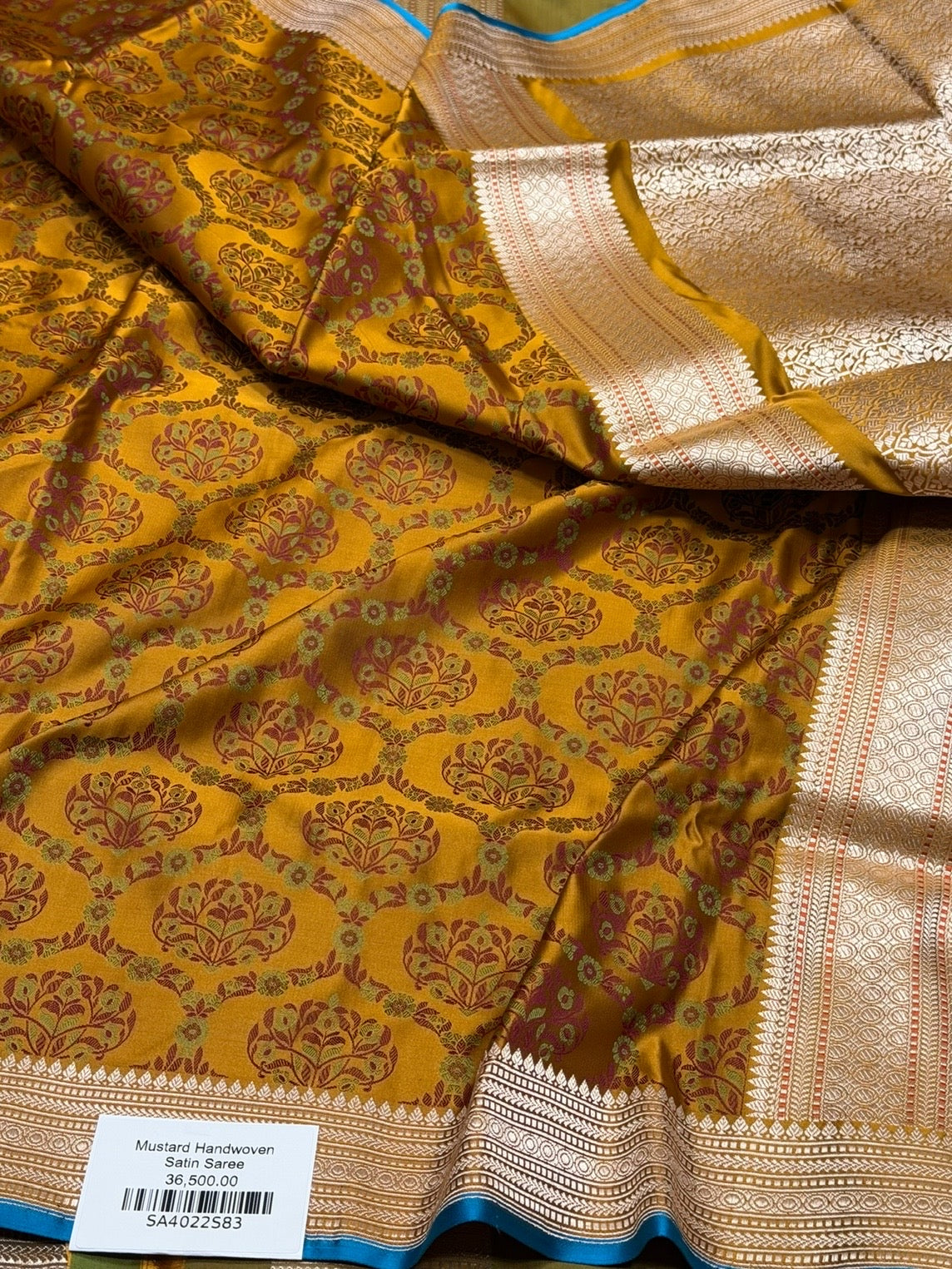 Mustard Yellow Handwoven Pure Banarasi Satin Tanchoi Silk Saree