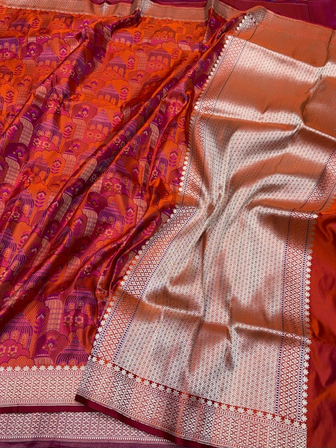 Orange Handwoven Pure Banarasi Satin Silk Saree – Kadwa Weave in 100% Satin Silk