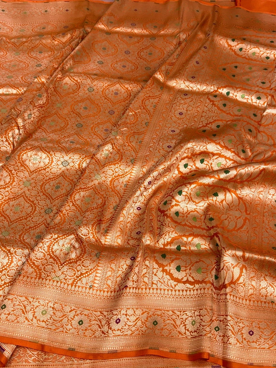 Orange Banarasi Minakari Pure Katan Silk Brocade Saree