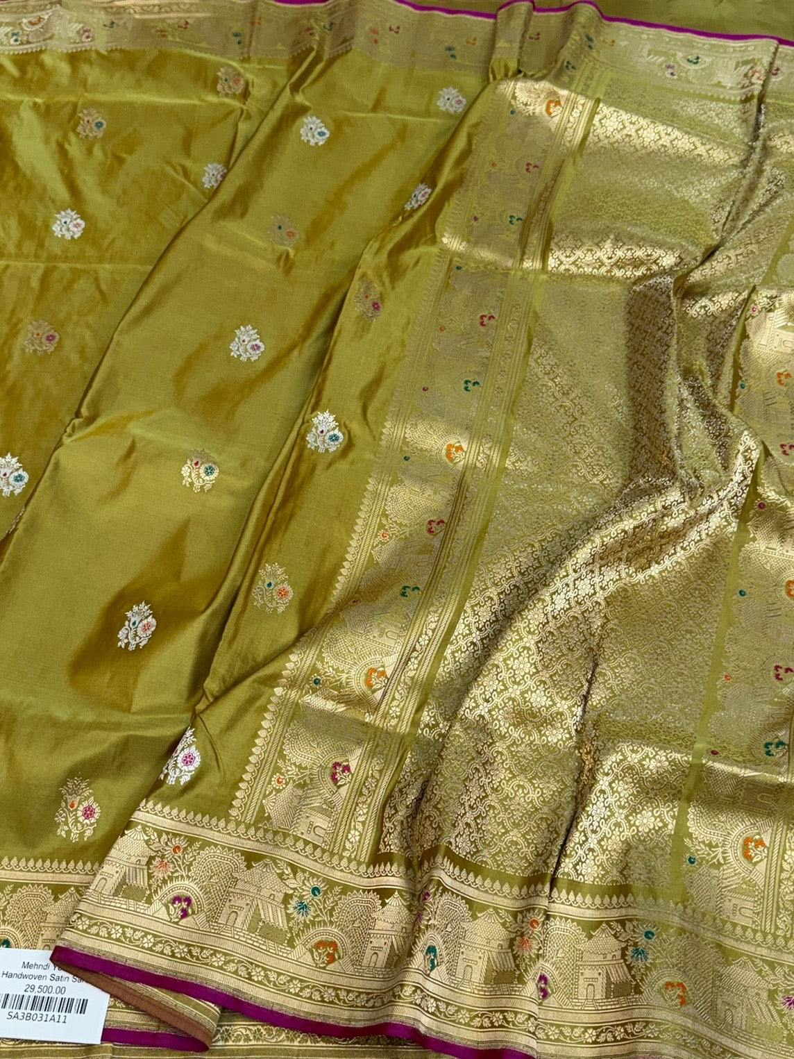 Mehndi Yellow Handwoven Pure Banarasi Satin Silk Saree