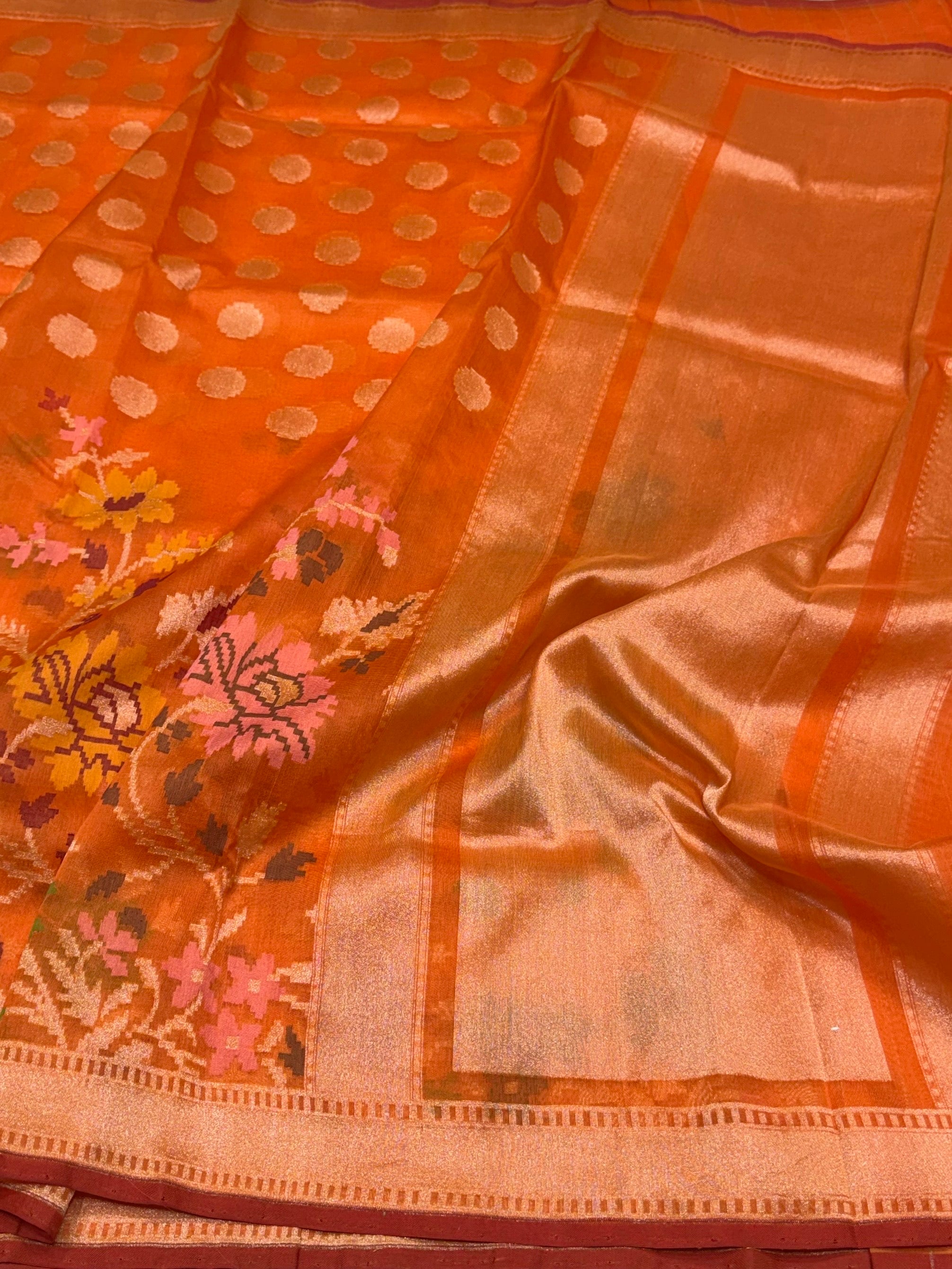 Orange Handwoven Pure Organza Jamdani Saree