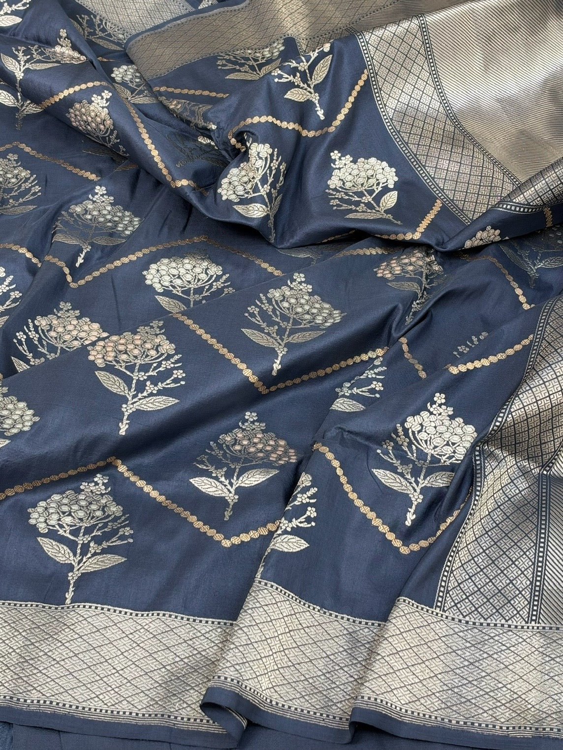 Bluish Grey Handwoven Pure Banarasi Katan Silk Saree