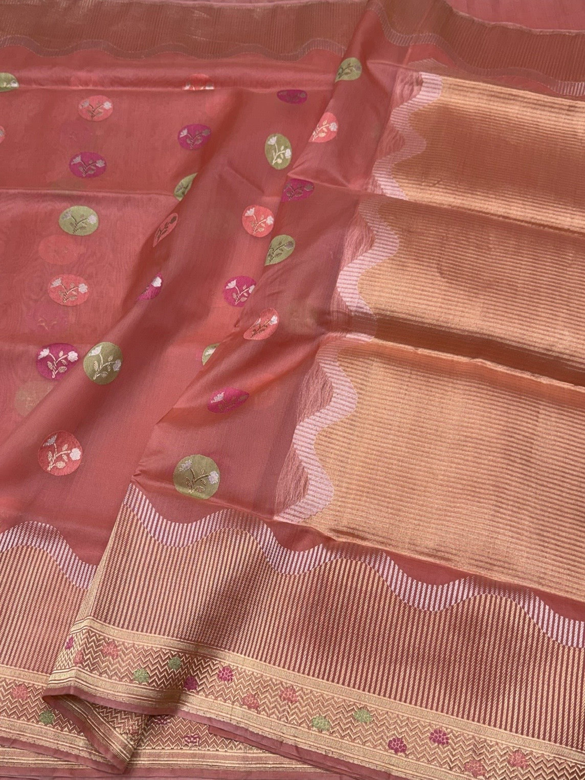 Peach Handwoven Pure Organza Silk Saree