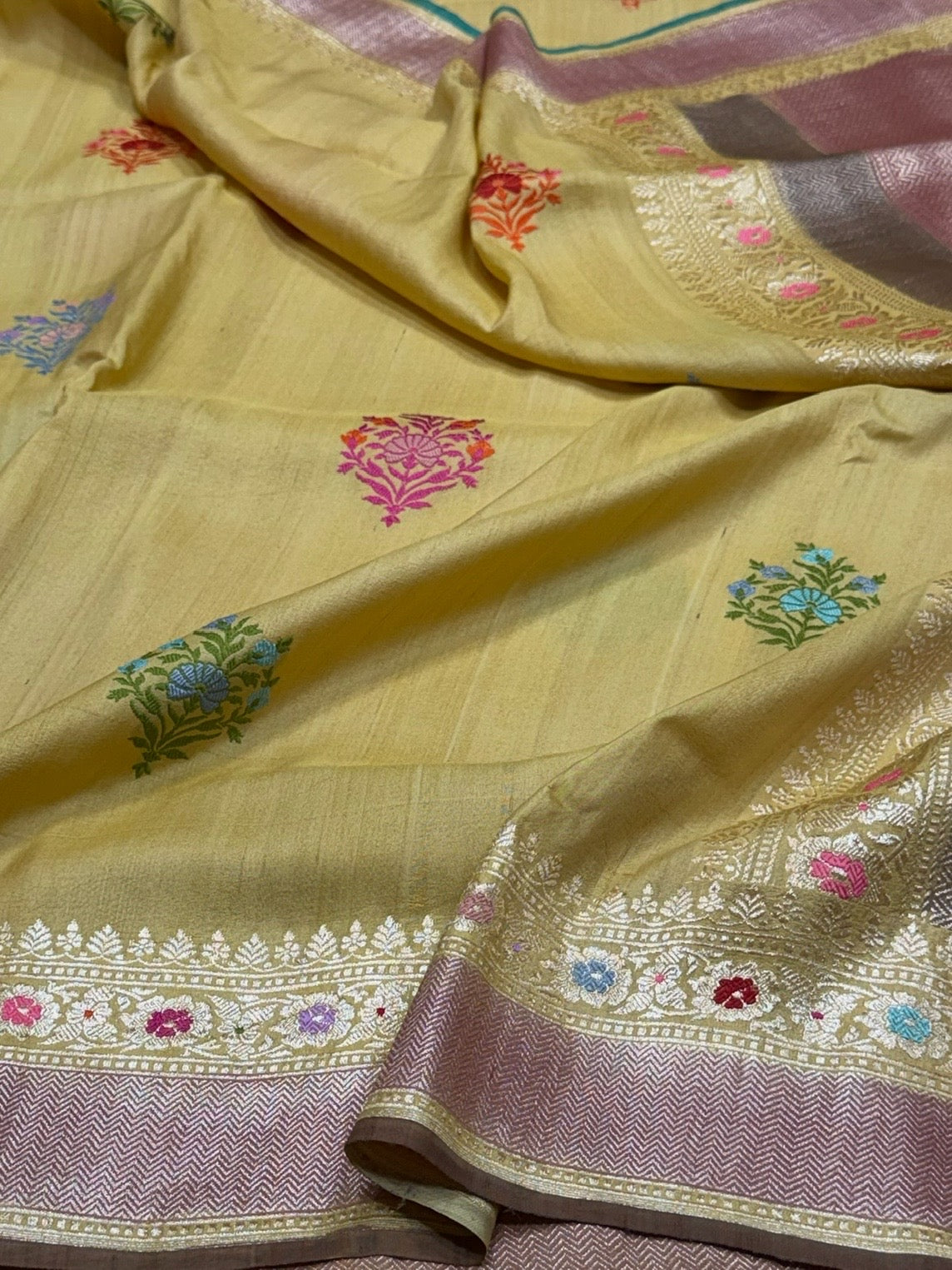 Yellow Handwoven Pure Tussar Georgette Saree