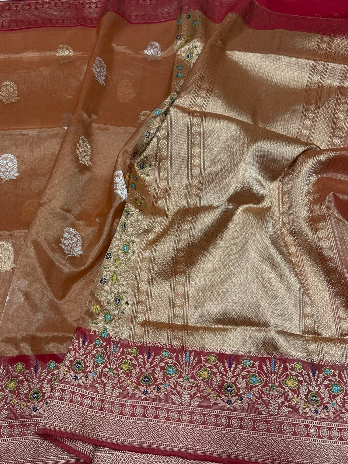 Golden Copper Handwoven Pure Banarasi Kora Tissue Saree
