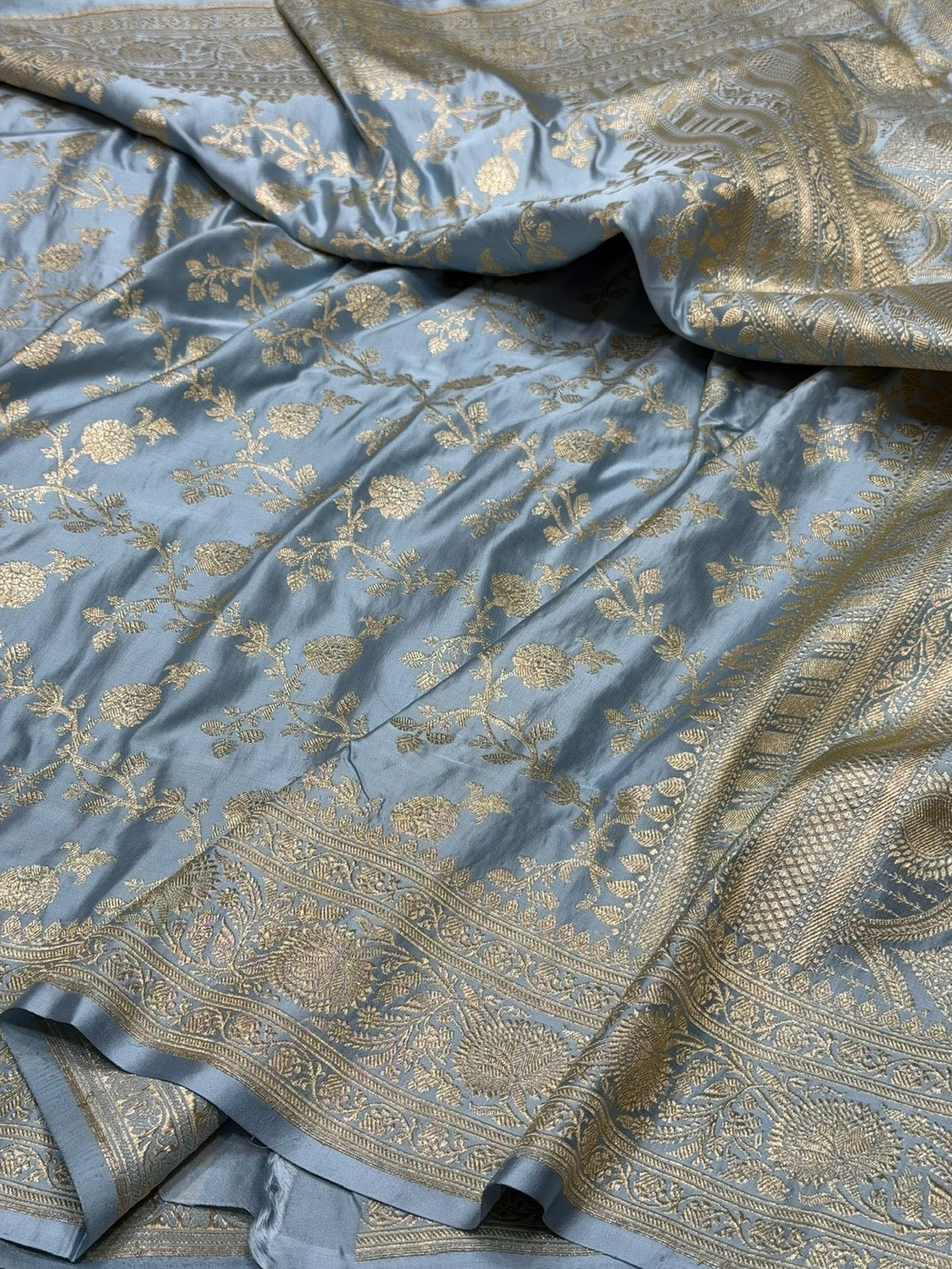 Bluish Grey Handwoven Vintage Pure Banarasi Satin Silk Saree
