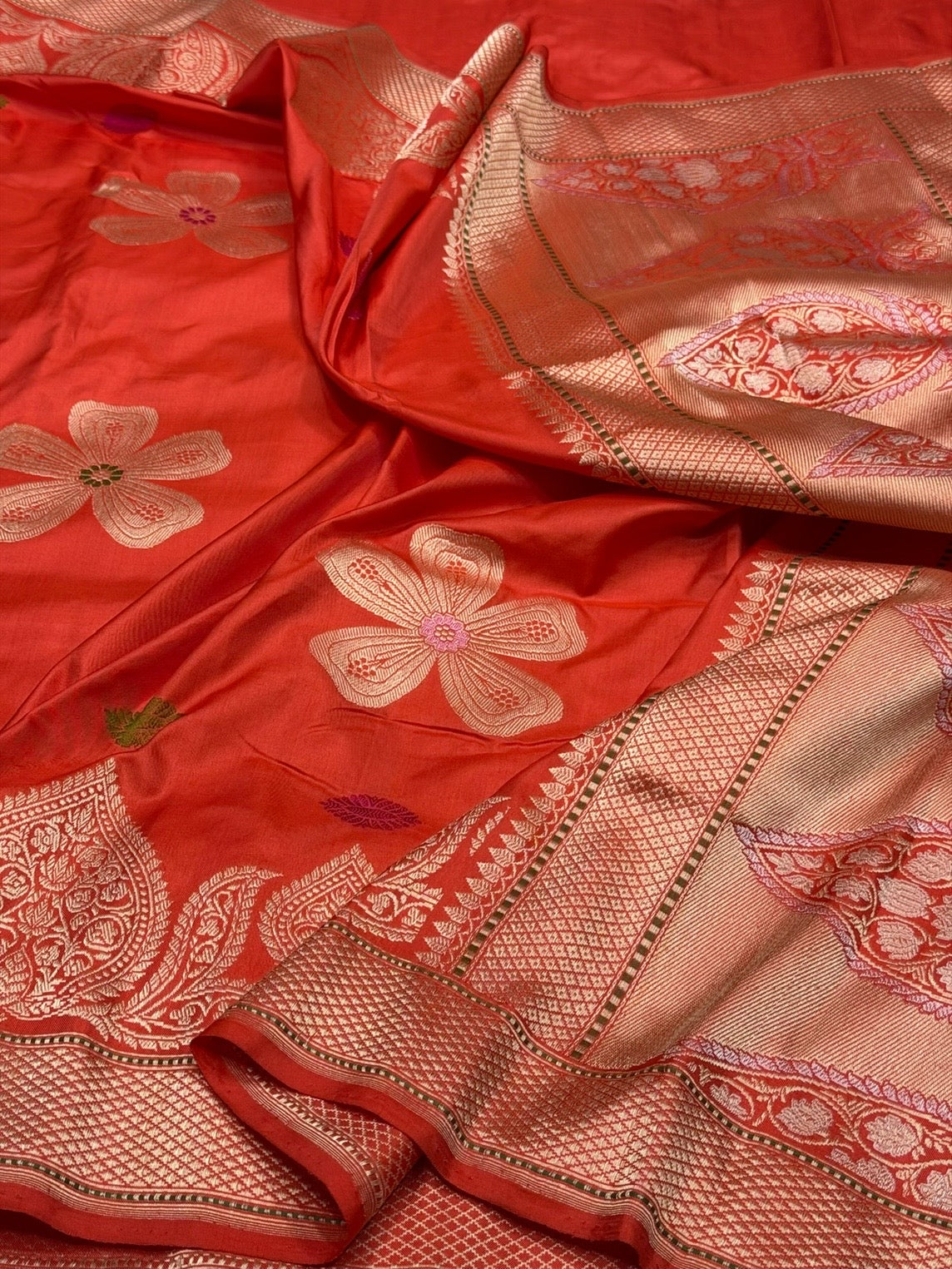 Orange Handwoven Pure Banarasi Ektara Silk Saree