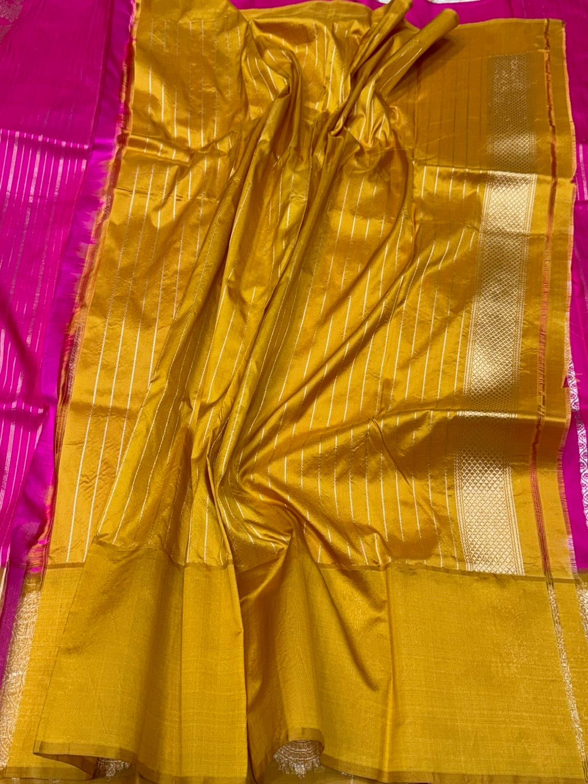 Rani Pink Handwoven Pure Banarasi Silk Saree in Kadwa Weave – Katan Silk with Skirt Pattern Design