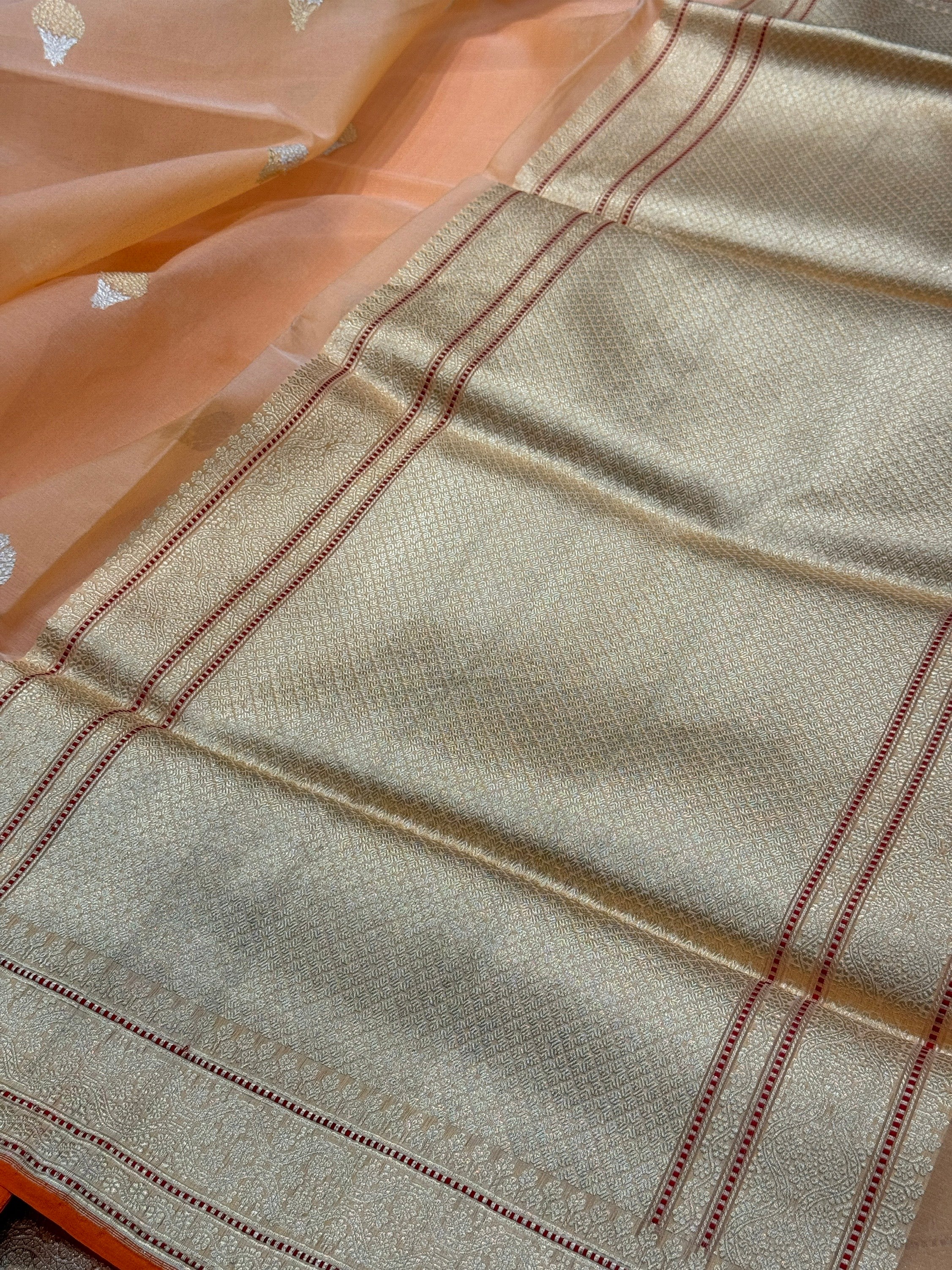 Peach Orange Handwoven Pure Organza Silk Saree