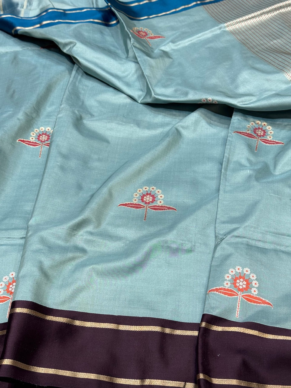 Aqua Blue Handwoven Pure Banarasi Satin Border Silk Saree