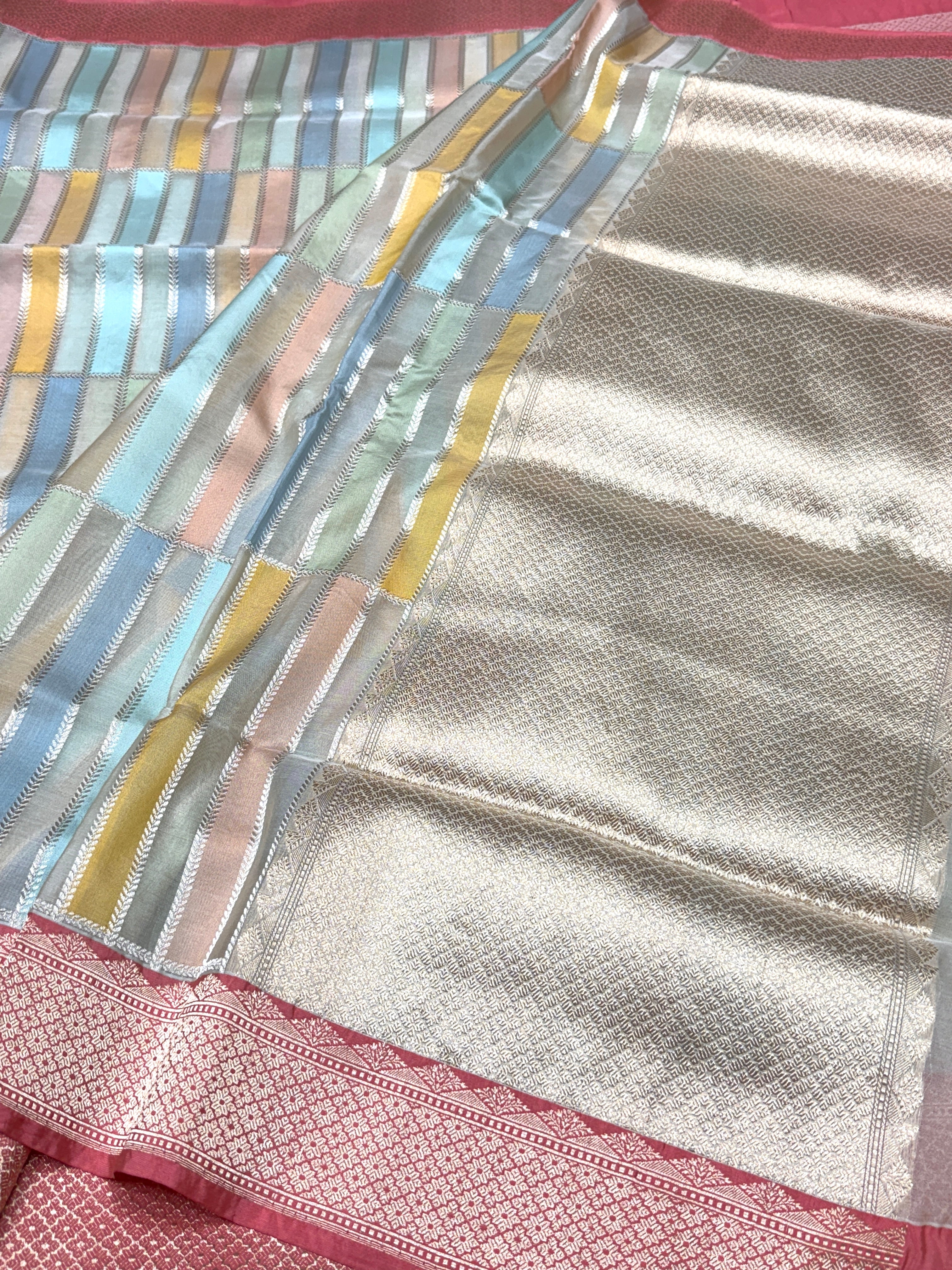 Peach Handwoven Rangkaat Pure Banarasi Organza Saree