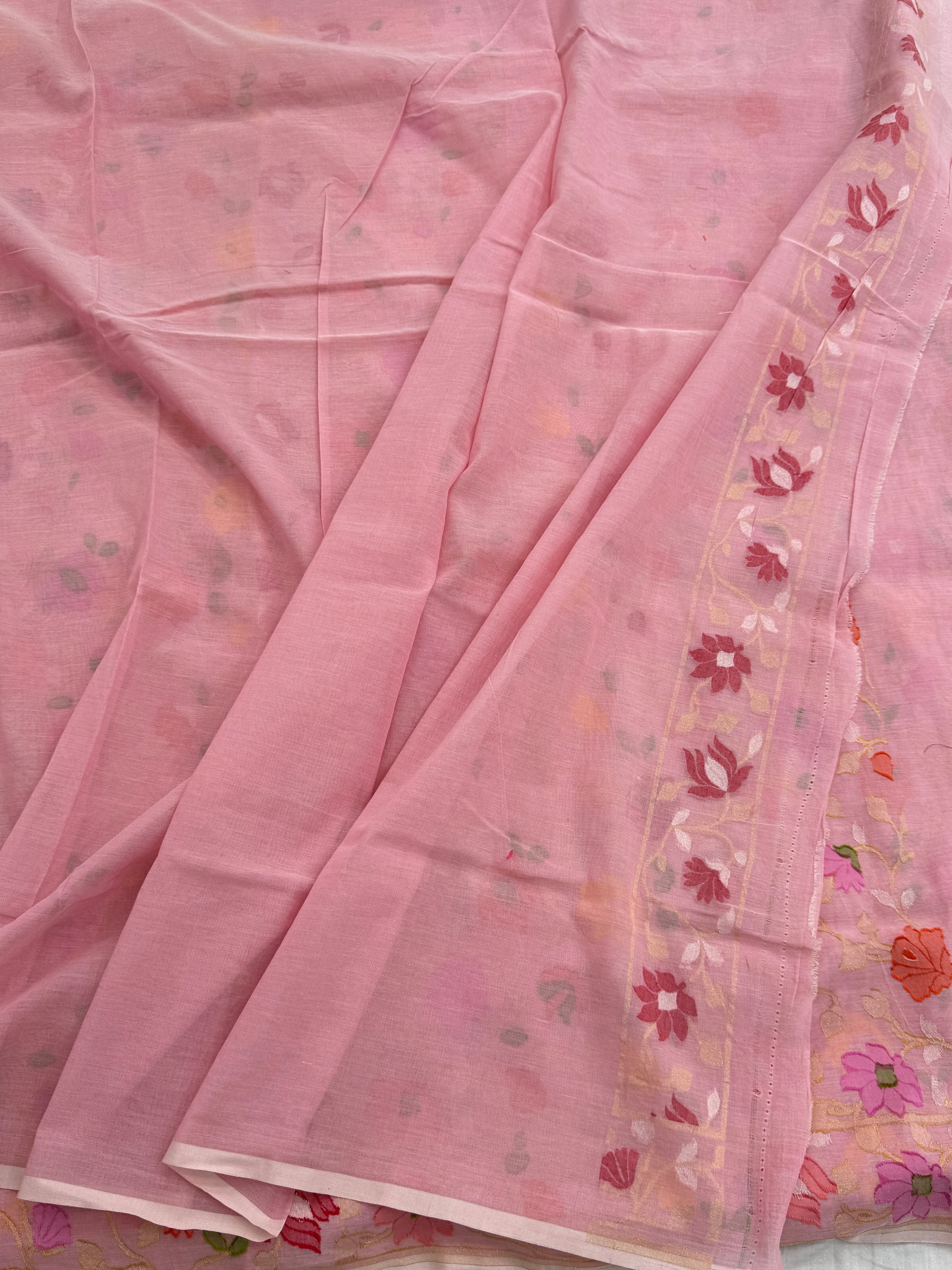 Peach Pure Muslin Cotton Jamdani Saree