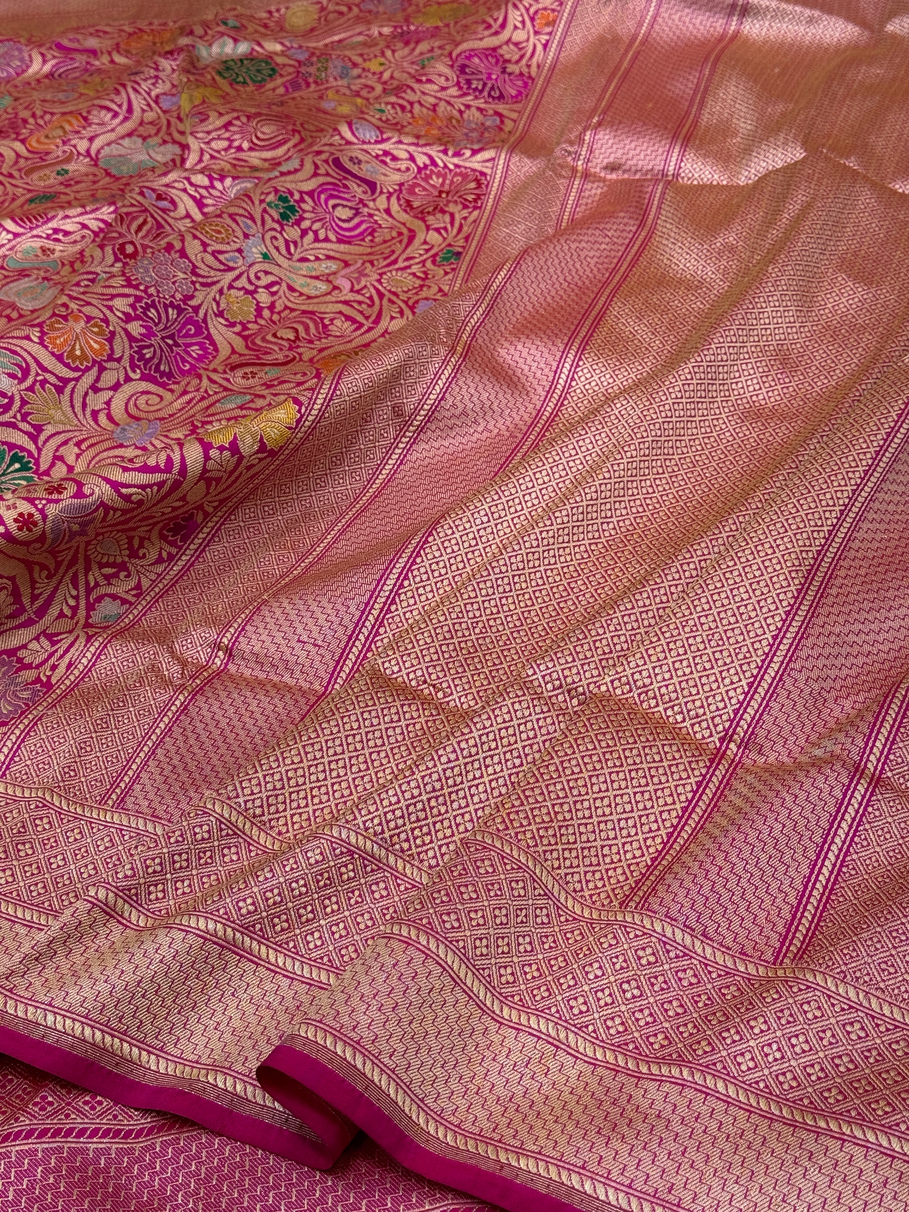 Rani Pink Handwoven Kimkhab Banarasi Pure Silk Brocade Saree