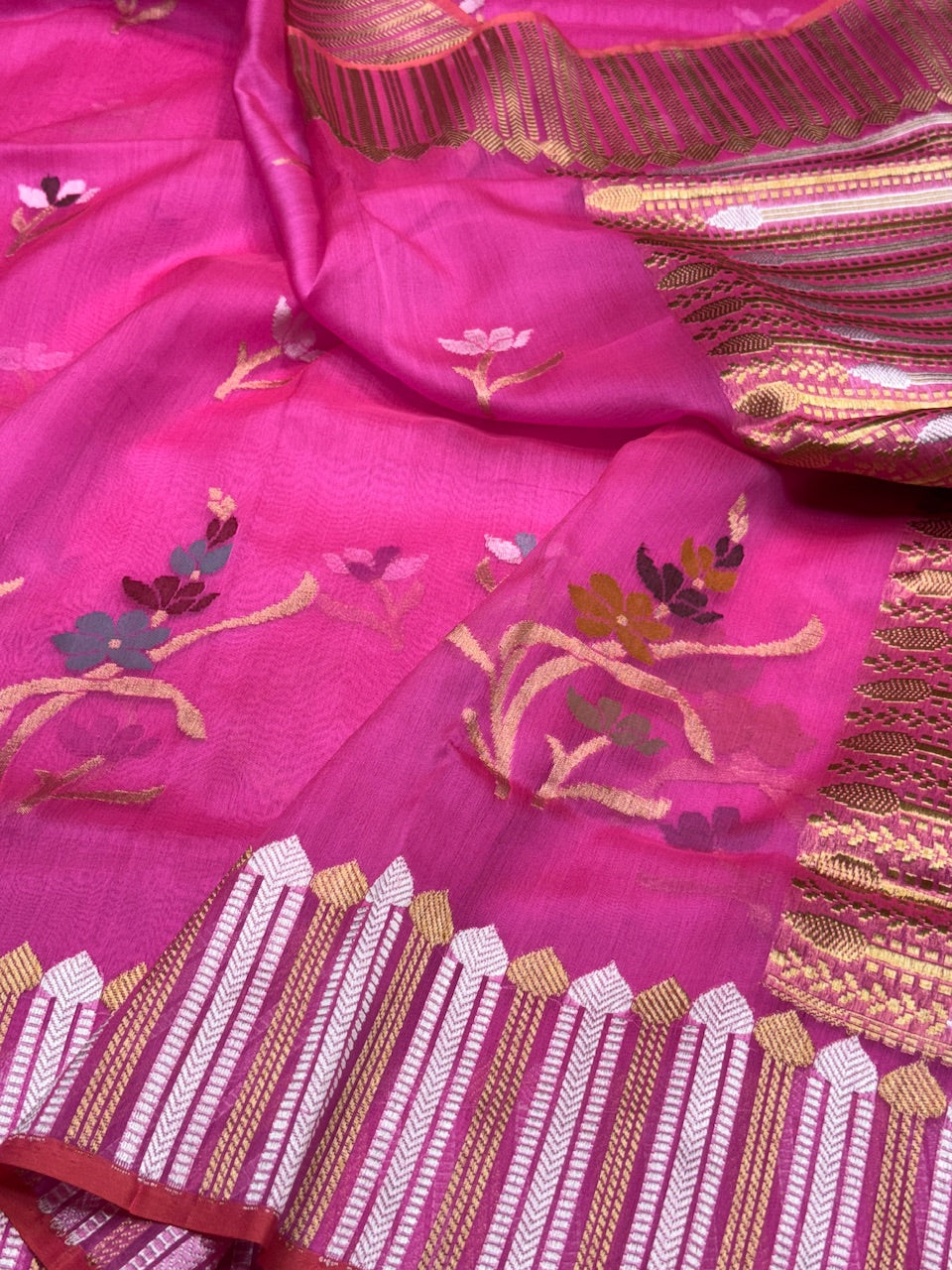 Fluorescent Pink Pure Kora Jamdani Saree