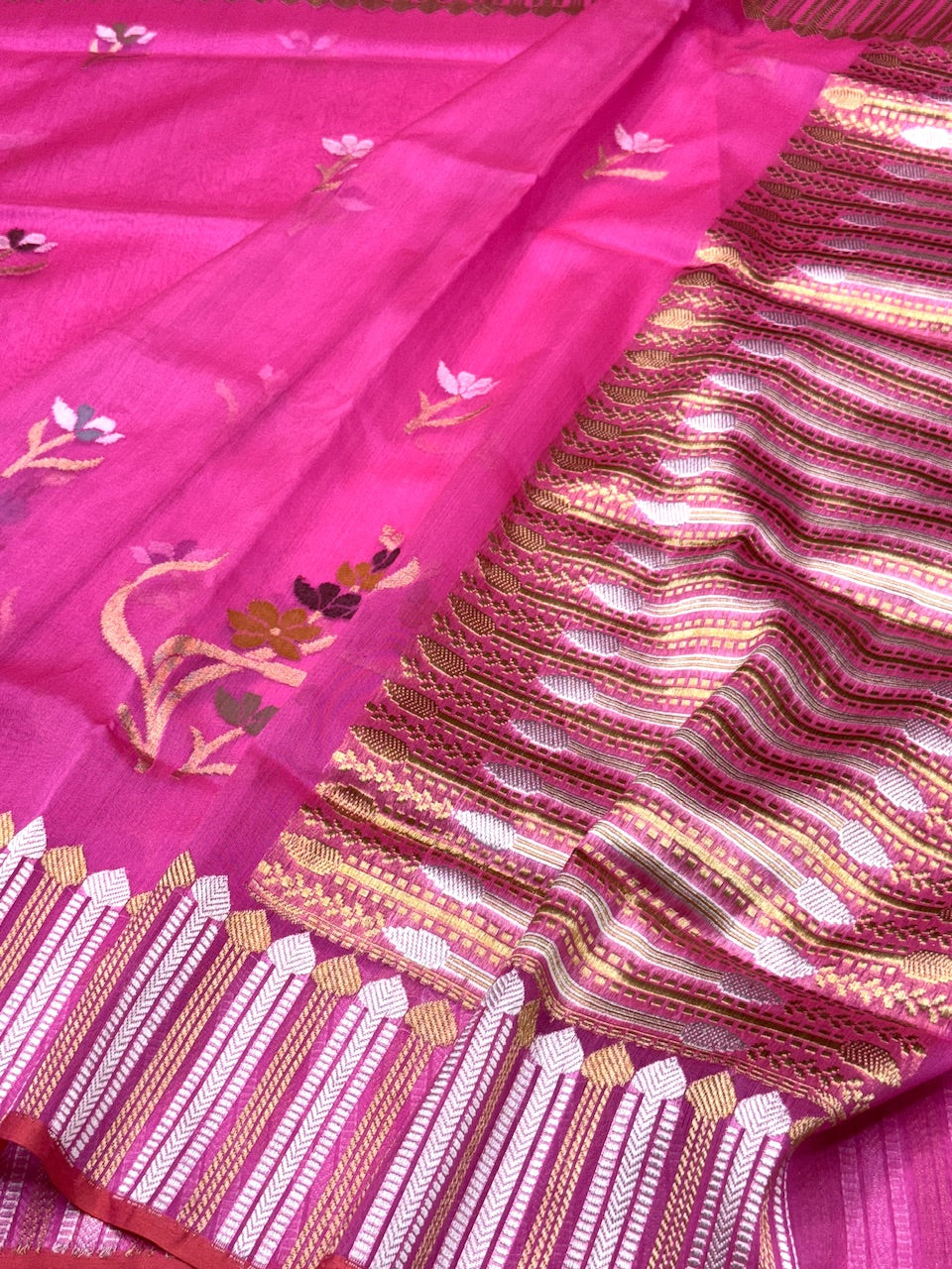 Fluorescent Pink Pure Kora Jamdani Saree