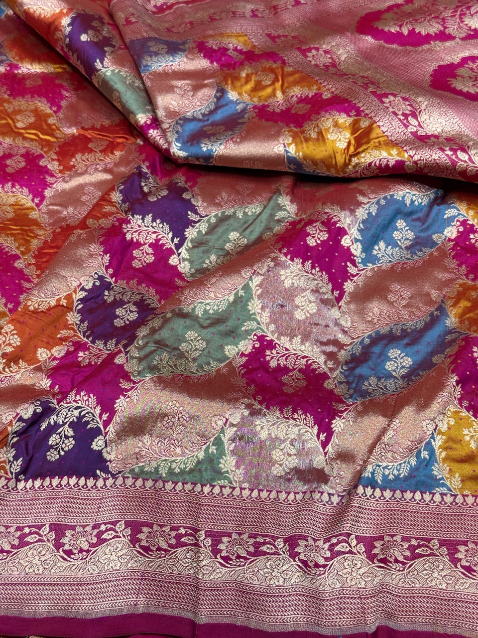 Multicolour Banarasi Pure Silk Saree – Cutwork Weave in 100% Pure Katan Silk