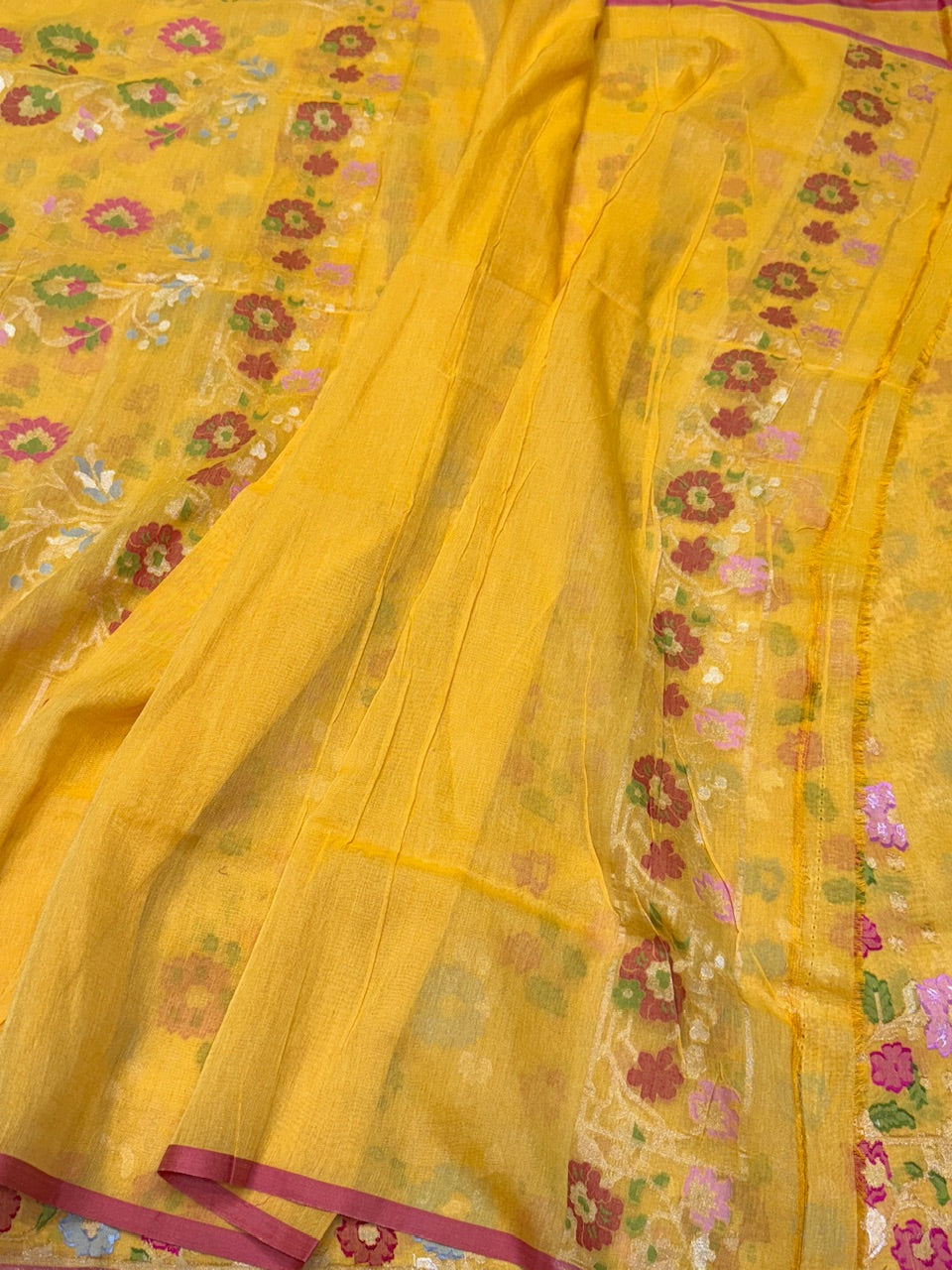Yellow Pure Muslin Cotton Jamdani Saree