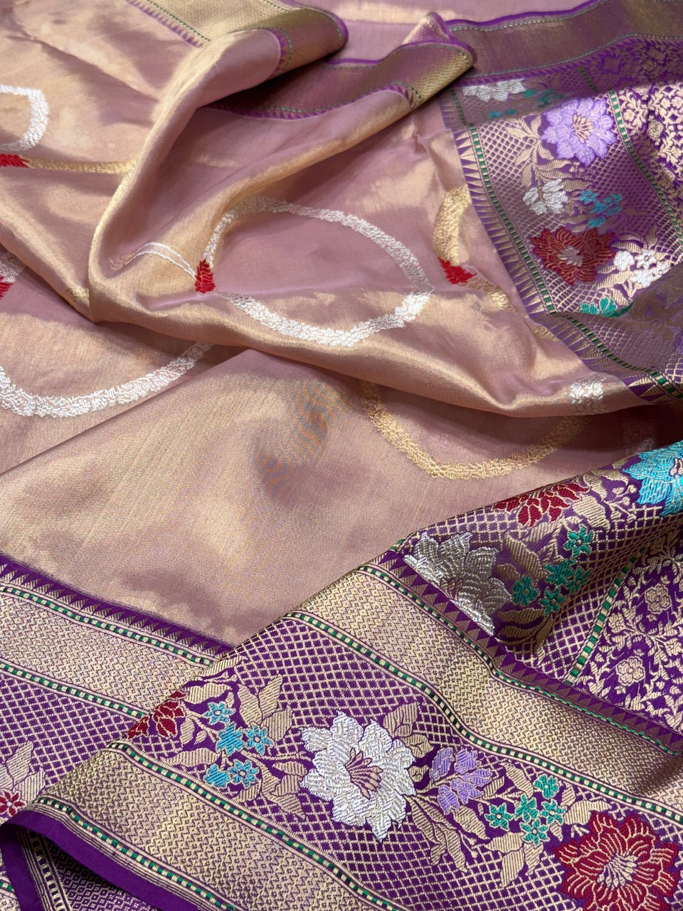 Rose Gold Handwoven Pure Banarasi Tissue Saree