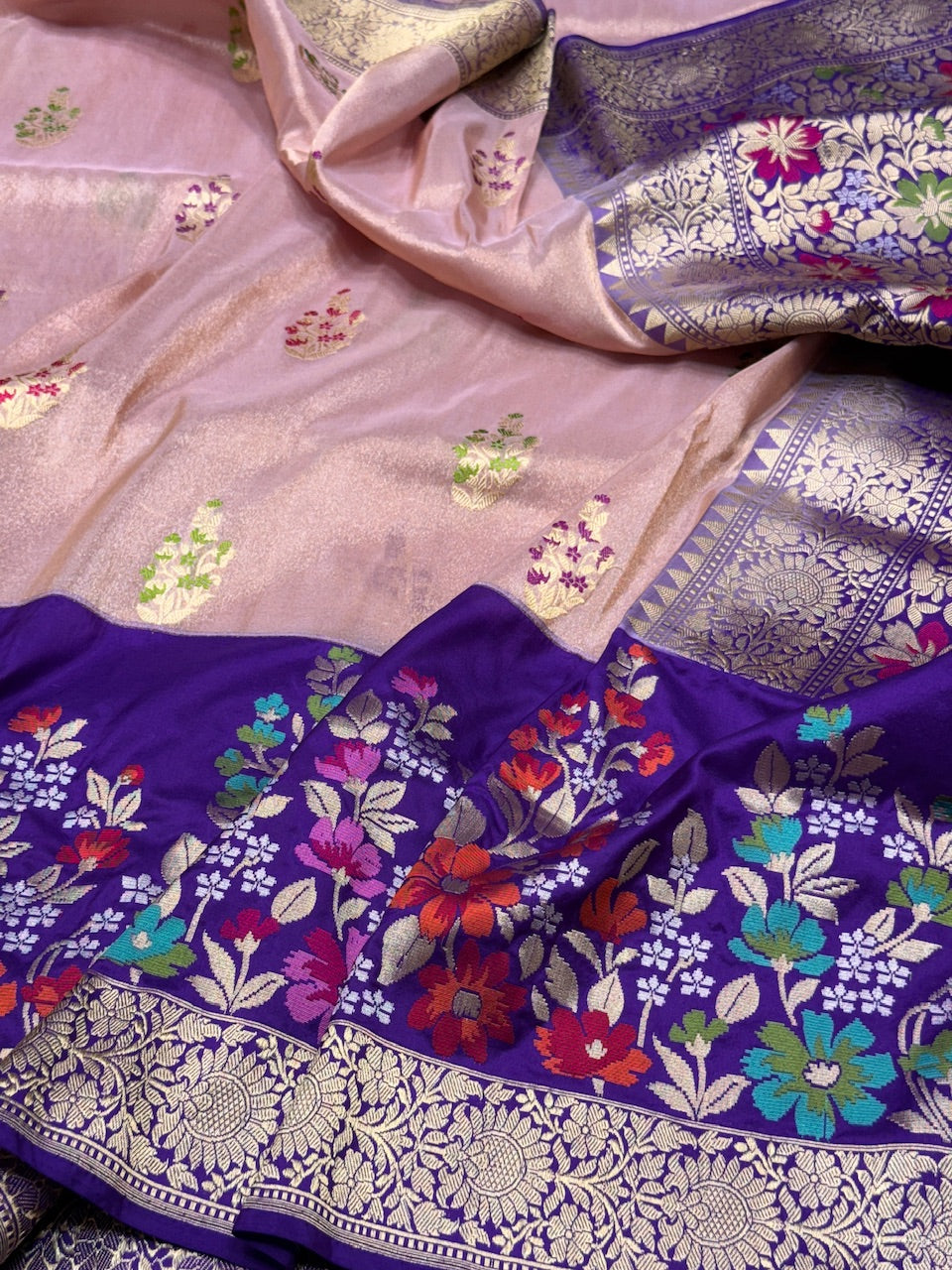 Rose Gold Handwoven Pure Banarasi Tissue Saree