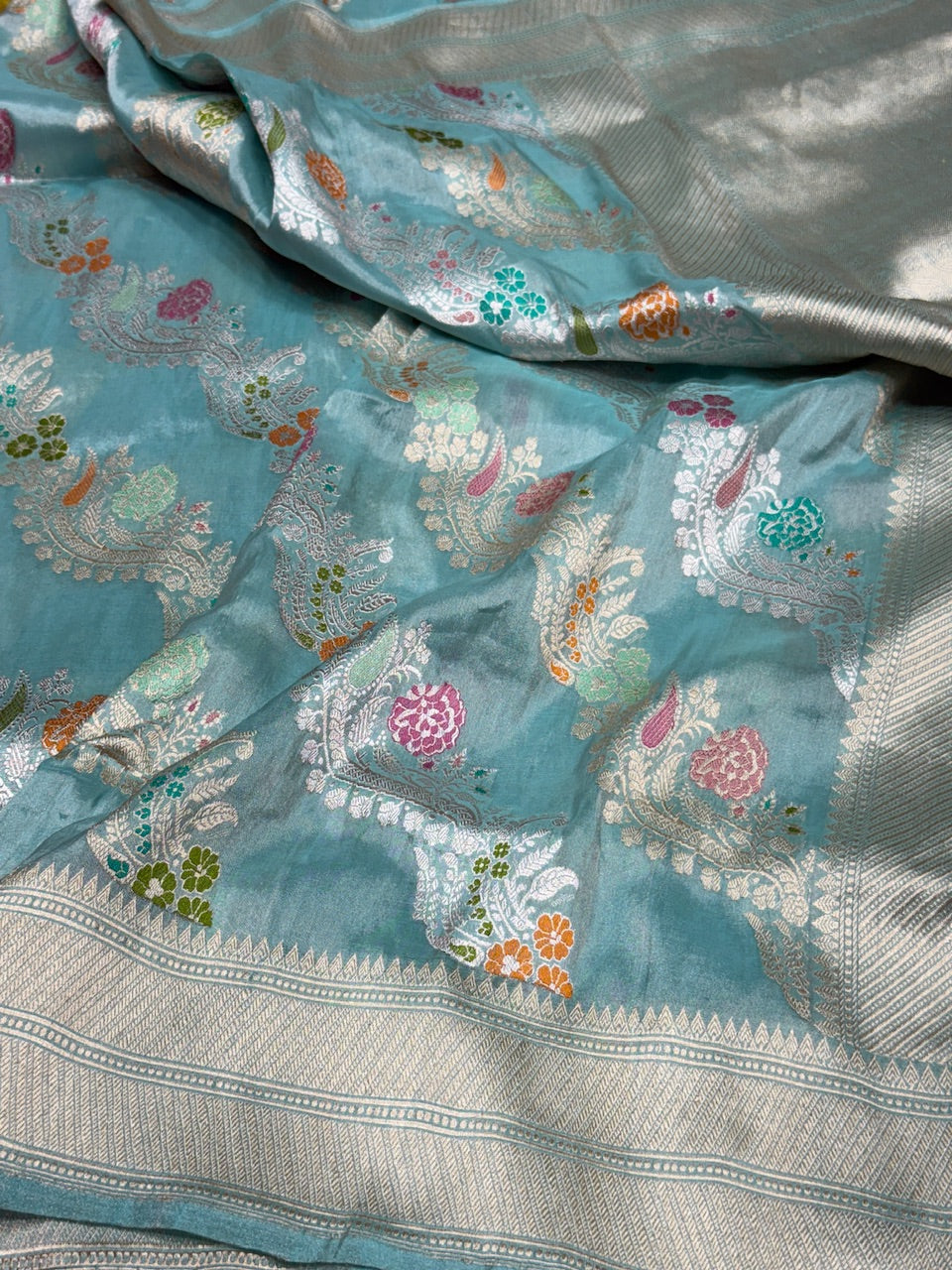 Sea Blue Handwoven Pure Katan Tissue Saree