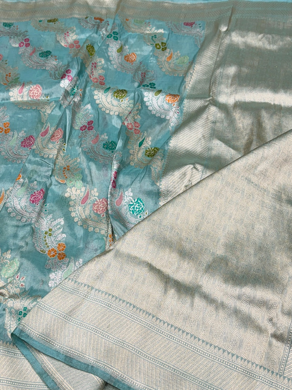 Sea Blue Handwoven Pure Katan Tissue Saree