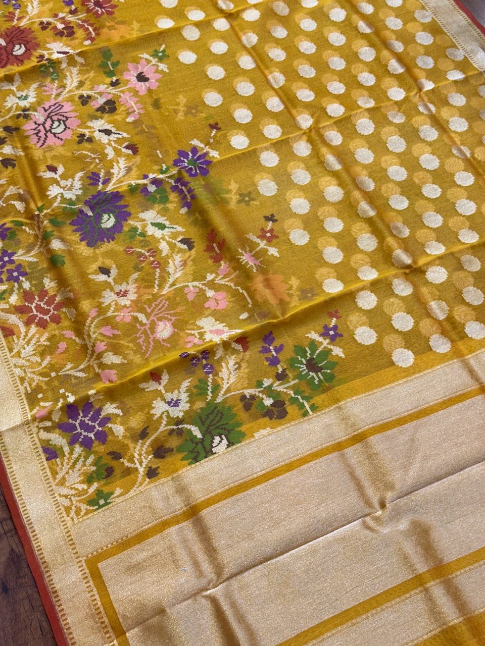 Mustard Yellow Pure Kora Jamdani Saree