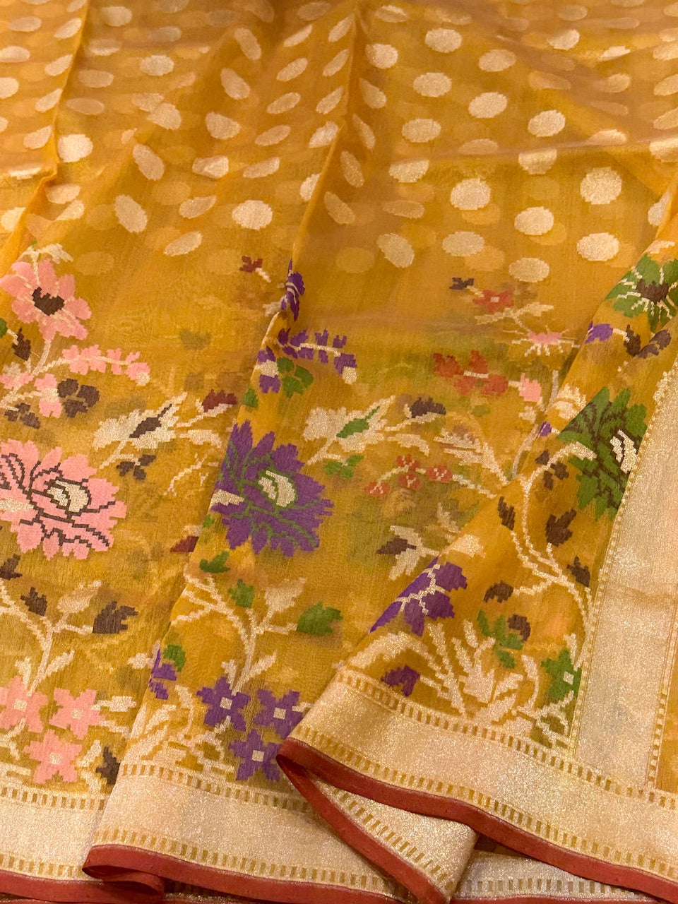 Mustard Yellow Pure Kora Jamdani Saree
