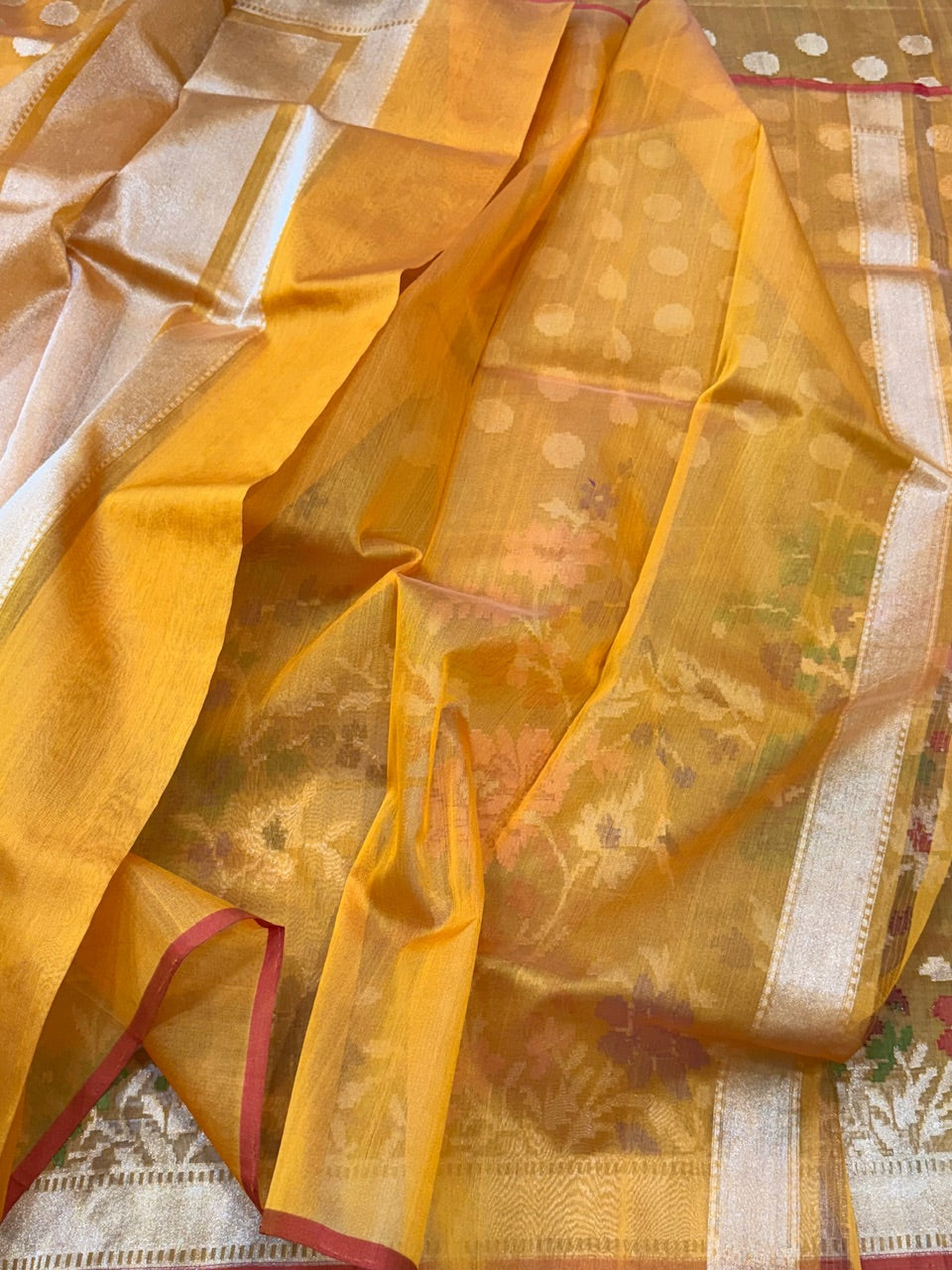 Mustard Yellow Pure Kora Jamdani Saree