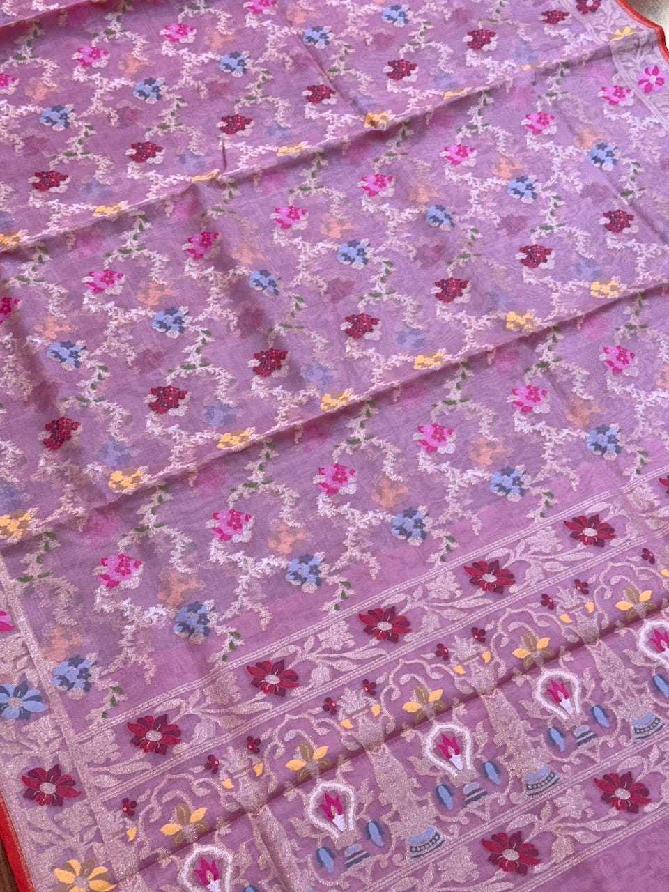 Pastel Pink Pure Kora Jamdani Saree