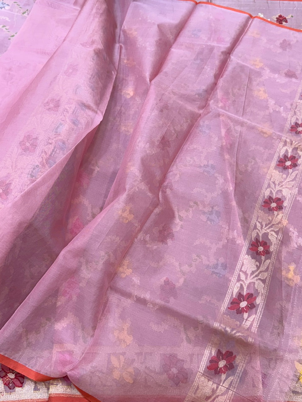 Pastel Pink Pure Kora Jamdani Saree