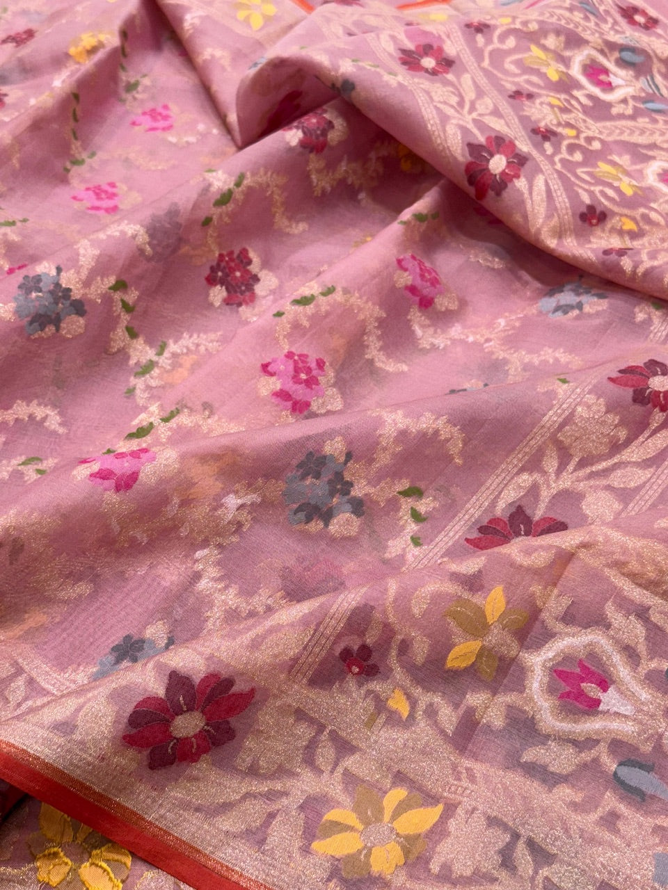 Pastel Pink Pure Kora Jamdani Saree
