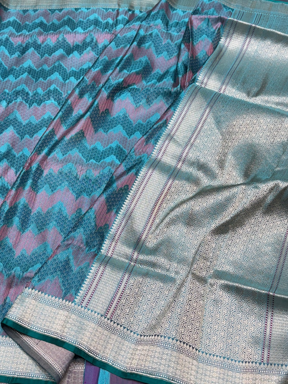 Sky Blue Handwoven Pure Banarasi Satin Tanchoi Silk Saree