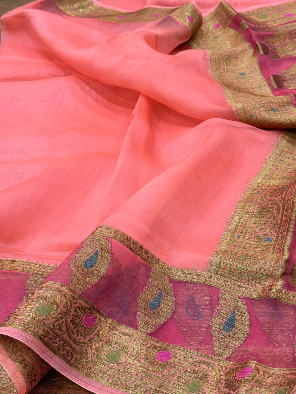 Peach Banarasi Pure Organza Silk Saree