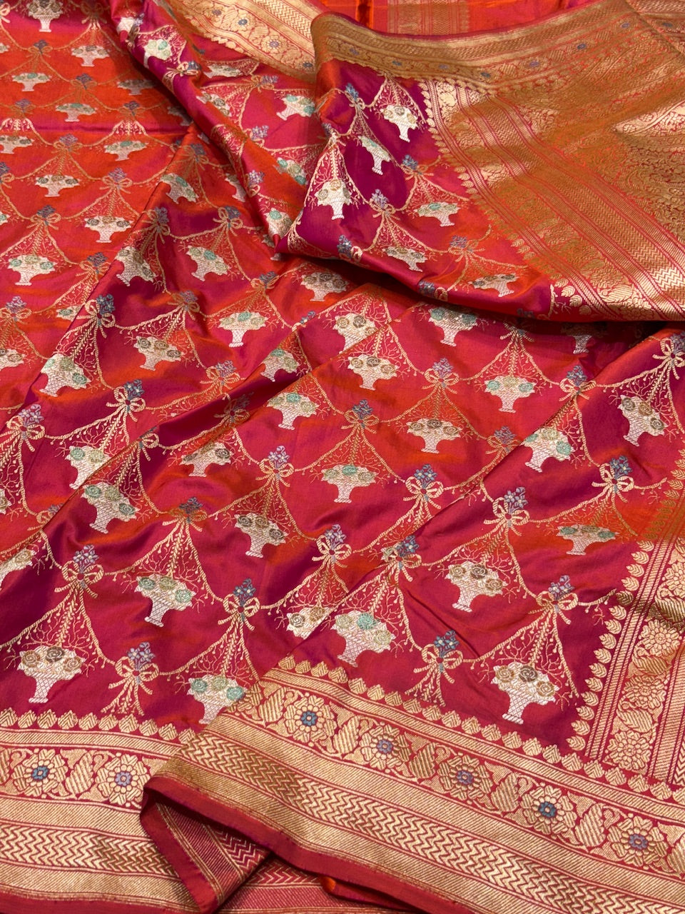 Orangish Pink Handwoven Banarasi Silk Saree