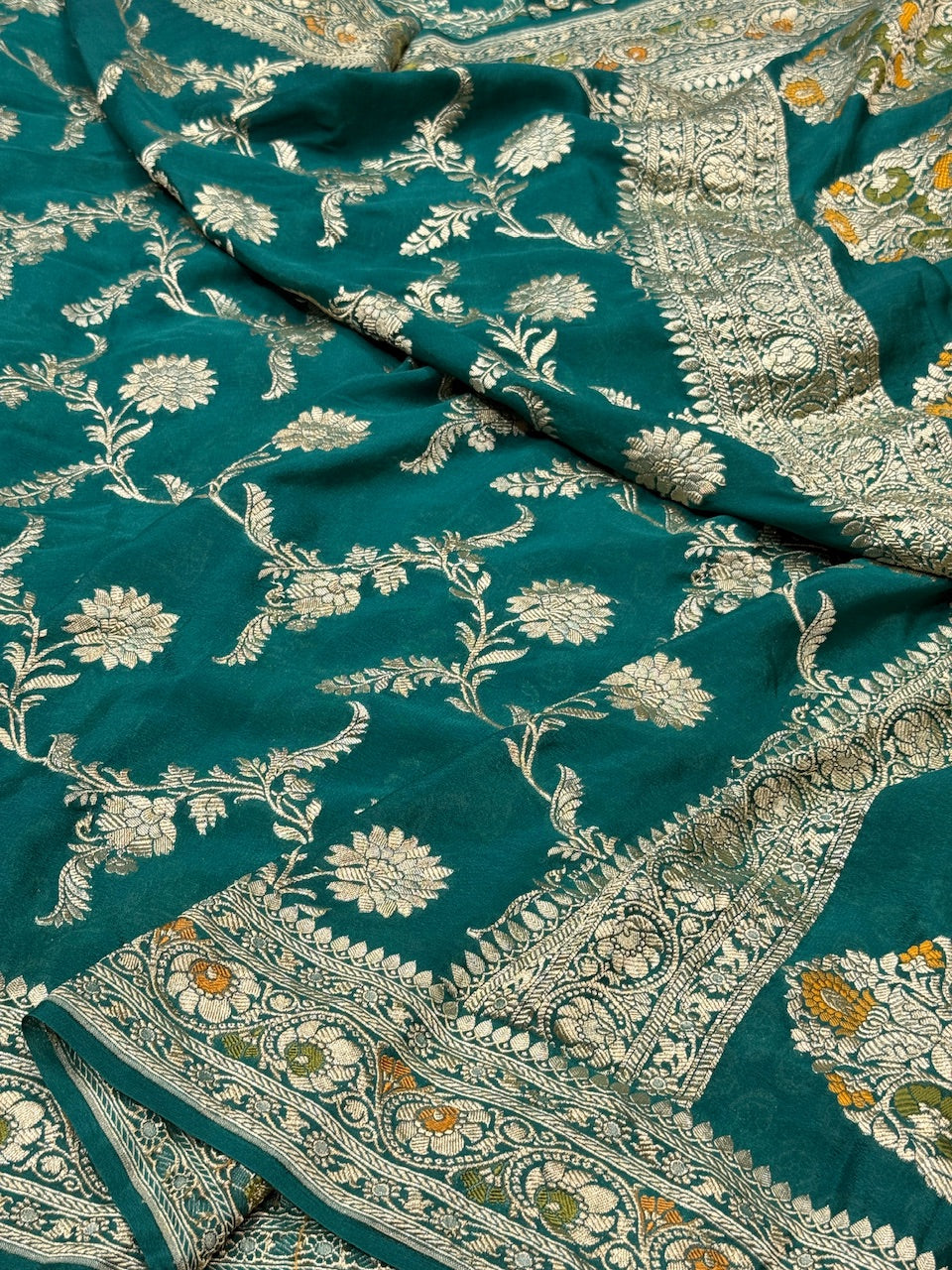 Teal green Pure Chiffon Georgette Saree