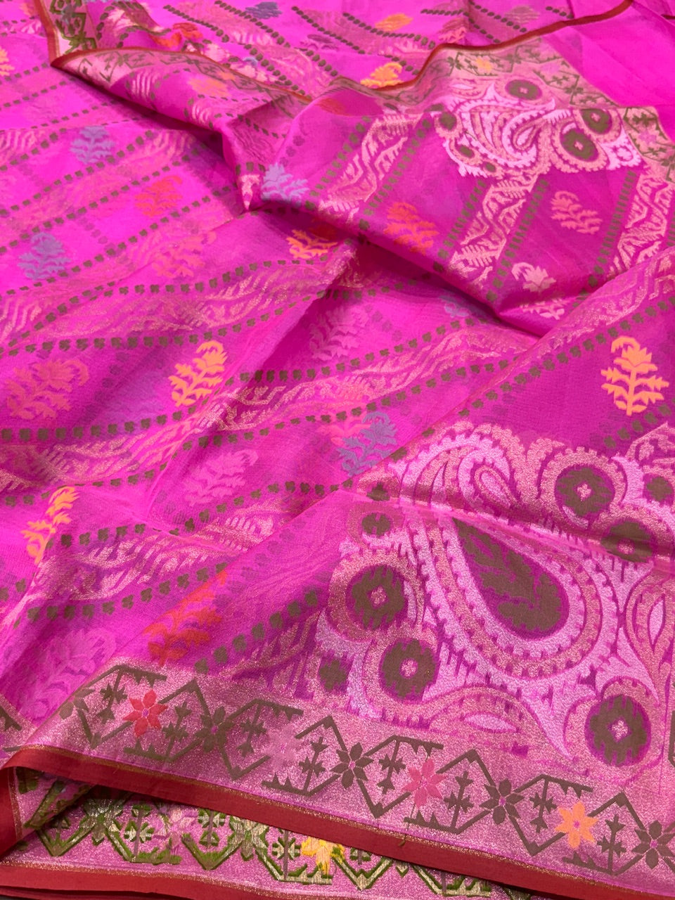 Hot pink Pure Kora Jamdani Saree