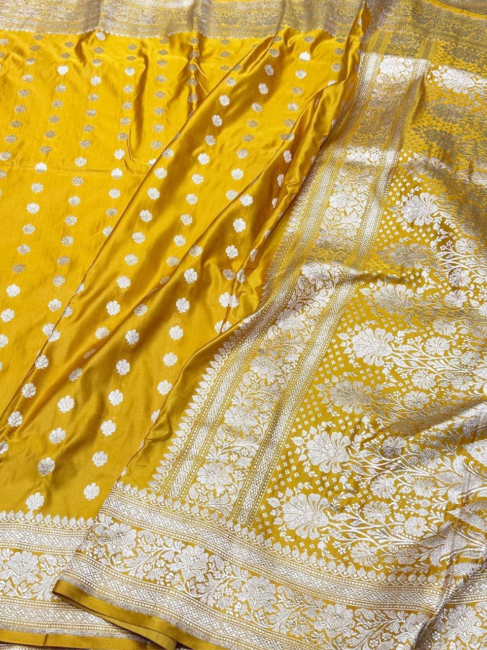 Yellow Handwoven Vintage Pure Banarasi Satin Silk Saree