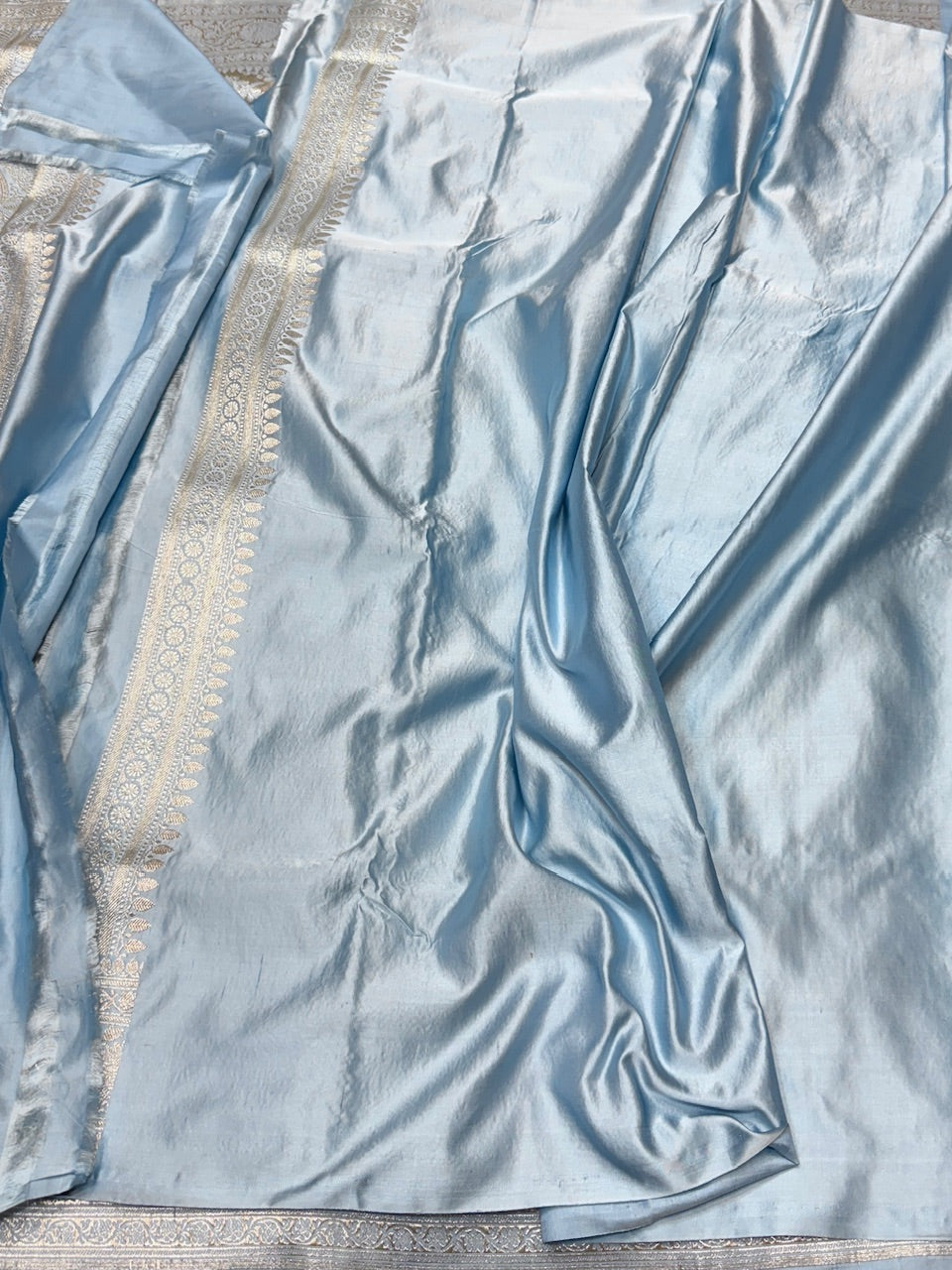 Bluish Grey Handwoven Vintage Pure Banarasi Satin Silk Saree