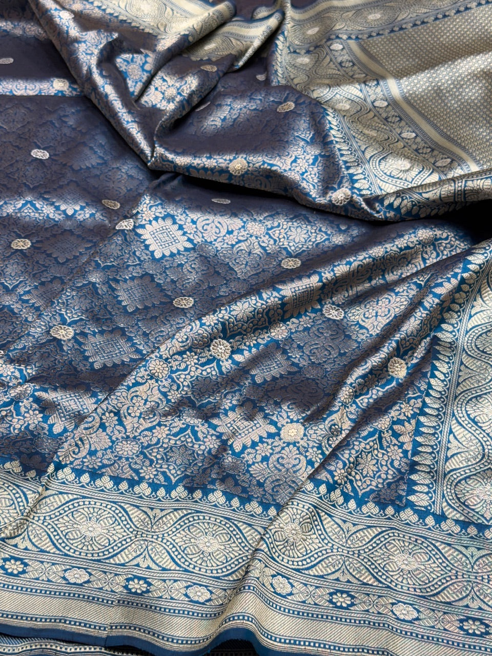 German Blue Handwoven Pure Silk Brocade Saree