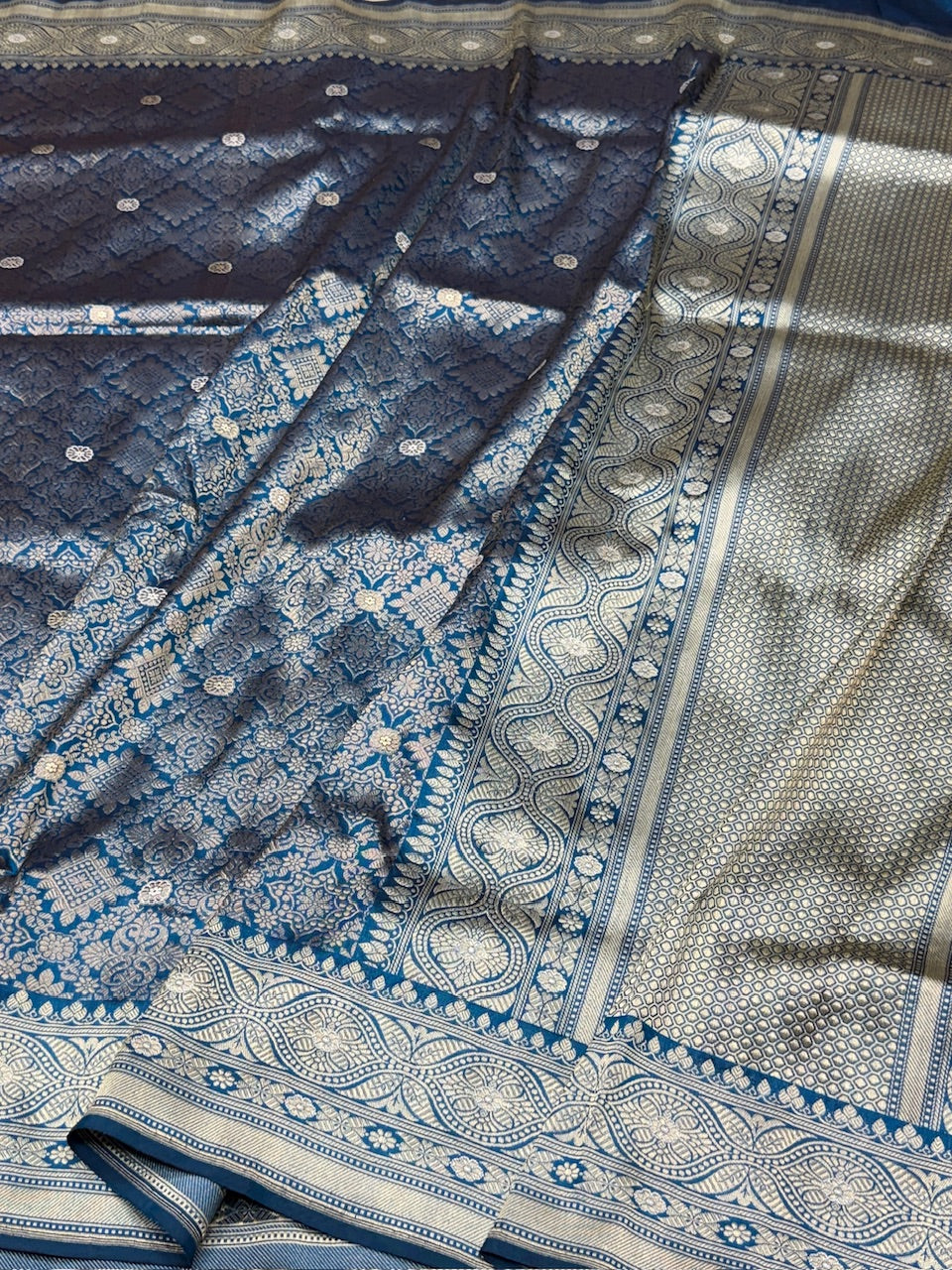German Blue Handwoven Pure Silk Brocade Saree