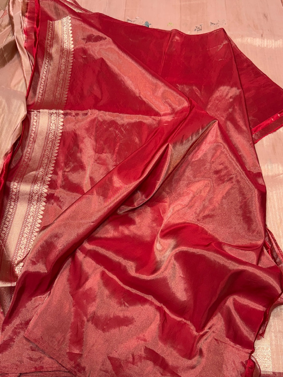 Peach Handwoven Pure Banarasi Tissue Silk Saree